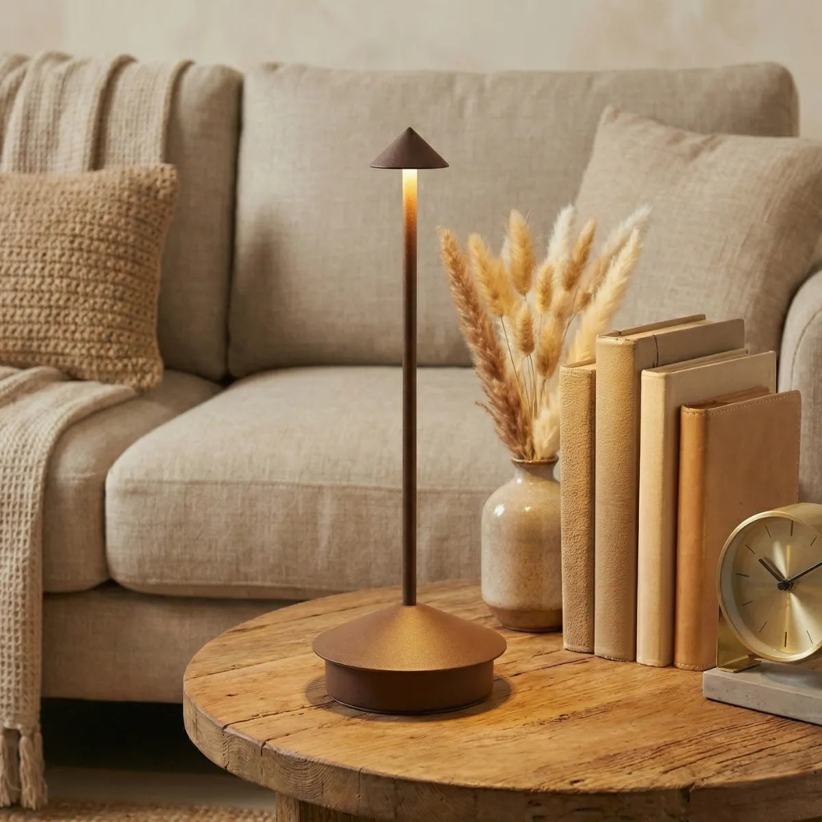 Luminária de mesa sem fio Apollo marrom iluminando mesa de centro de madeira com livros e relógio em sala de estar aconchegante.