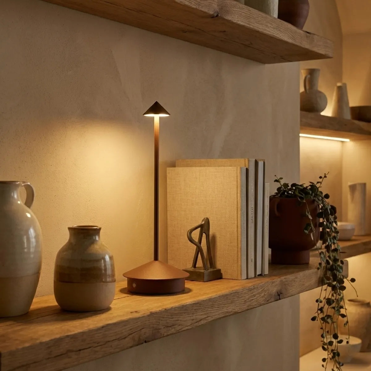 Luminária decorativa Apollo marrom posicionada em prateleira de madeira rústica com livros e plantas sob luz quente.