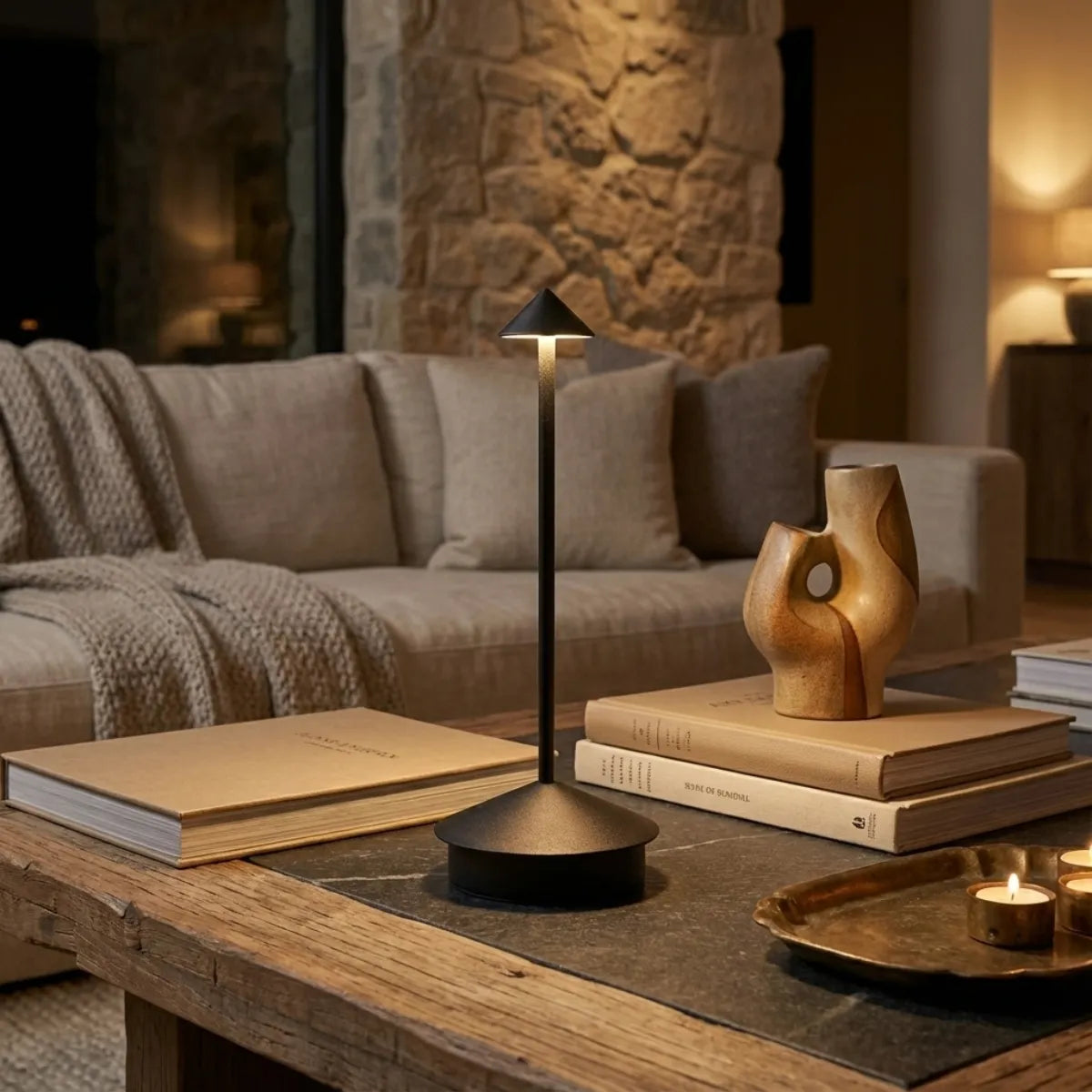 Luminária decorativa Apollo preta iluminando mesa de centro com livros de arte em sala de estar sofisticada com parede de pedra.