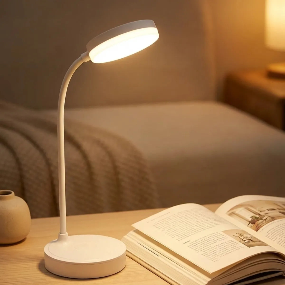 Luminária de leitura LED com luz quente sobre mesa lateral na sala de estar, focada em livro aberto, criando ambiente aconchegante para leitura noturna.