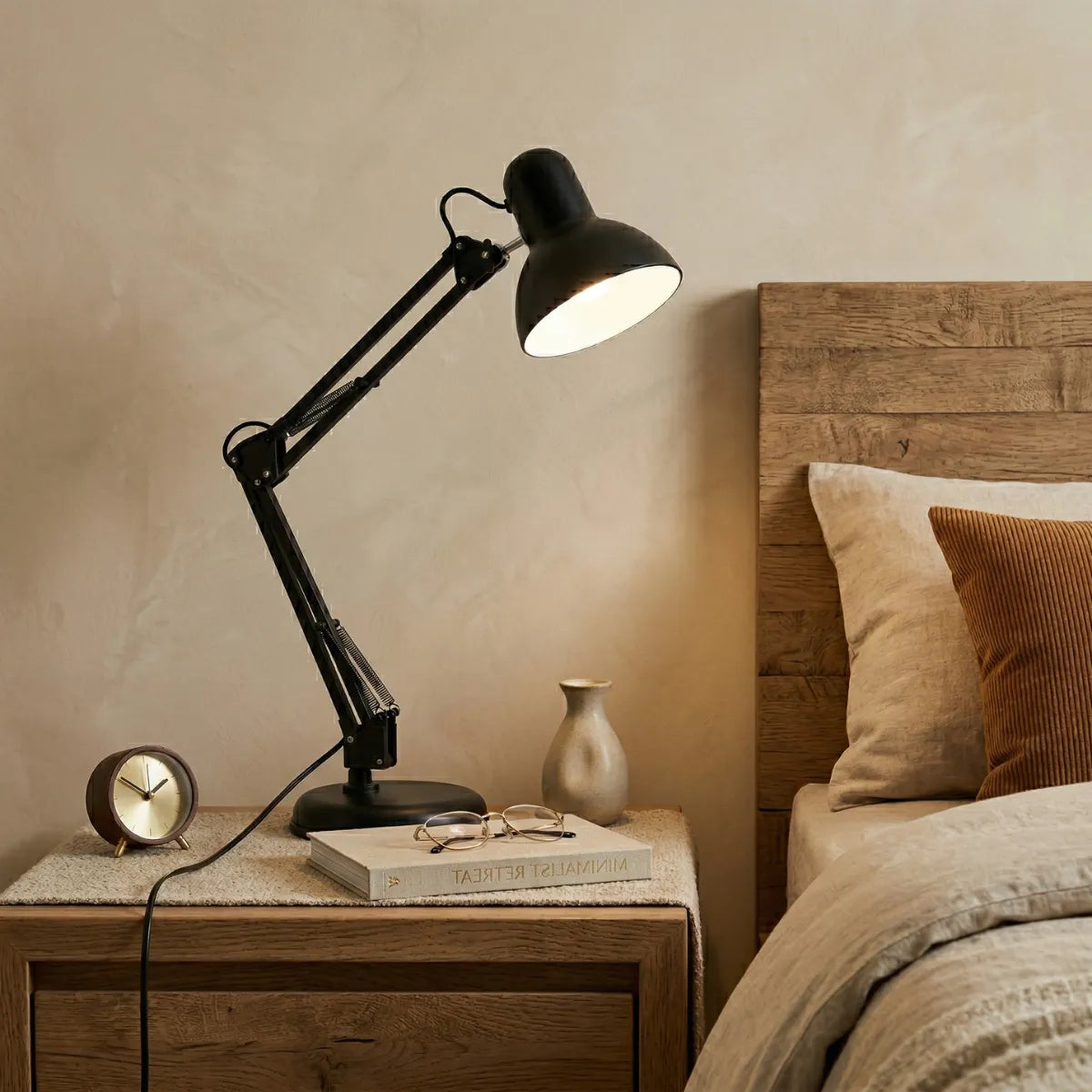 Luminária de mesa estilo arquiteto preta iluminando uma mesa de cabeceira de madeira rústica. A luz quente destaca um pequeno relógio dourado, óculos de leitura e um livro de decoração. Ao fundo, uma cama com travesseiros em linho claro e cotelê terracota.