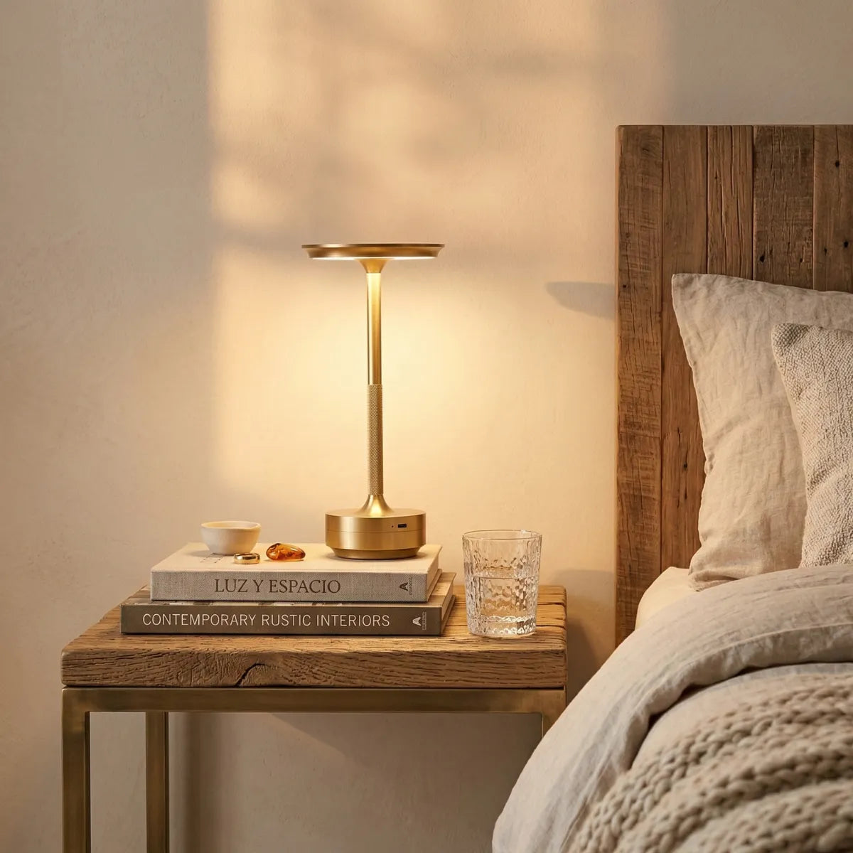 Luminária Áurea dourada sendo usada como abajur sobre uma mesa de cabeceira rústica de madeira, iluminando suavemente um quarto com enxoval de linho claro.