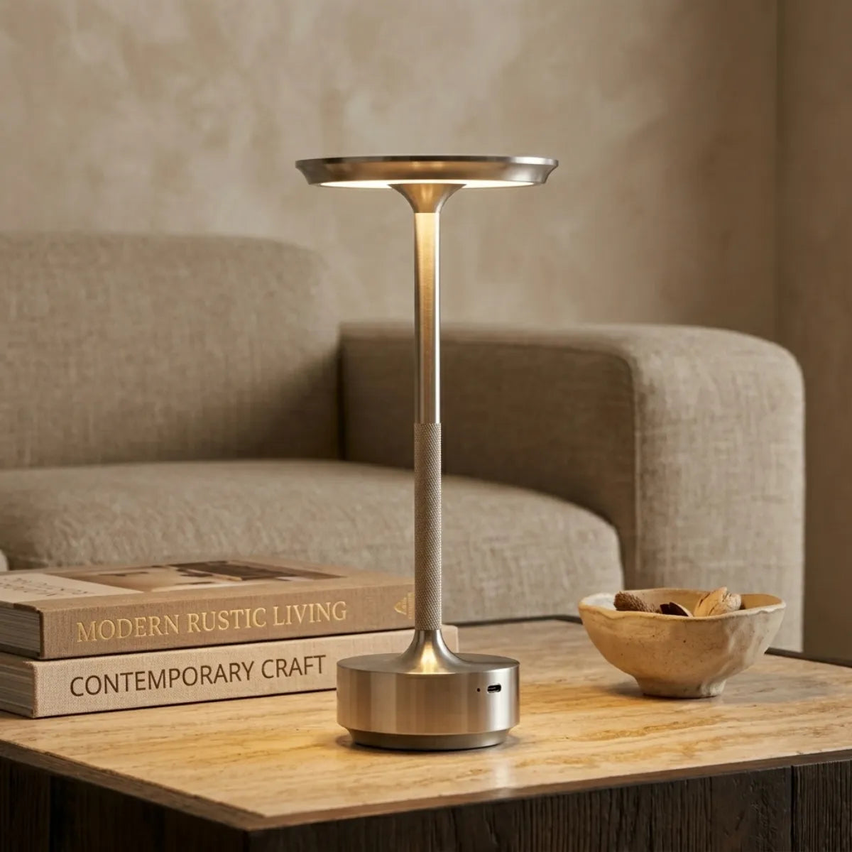 Luminária de mesa moderna Áurea prata sobre mesa de centro rústica compondo ambiente com livros de design e pequenos objetos de cerâmica.