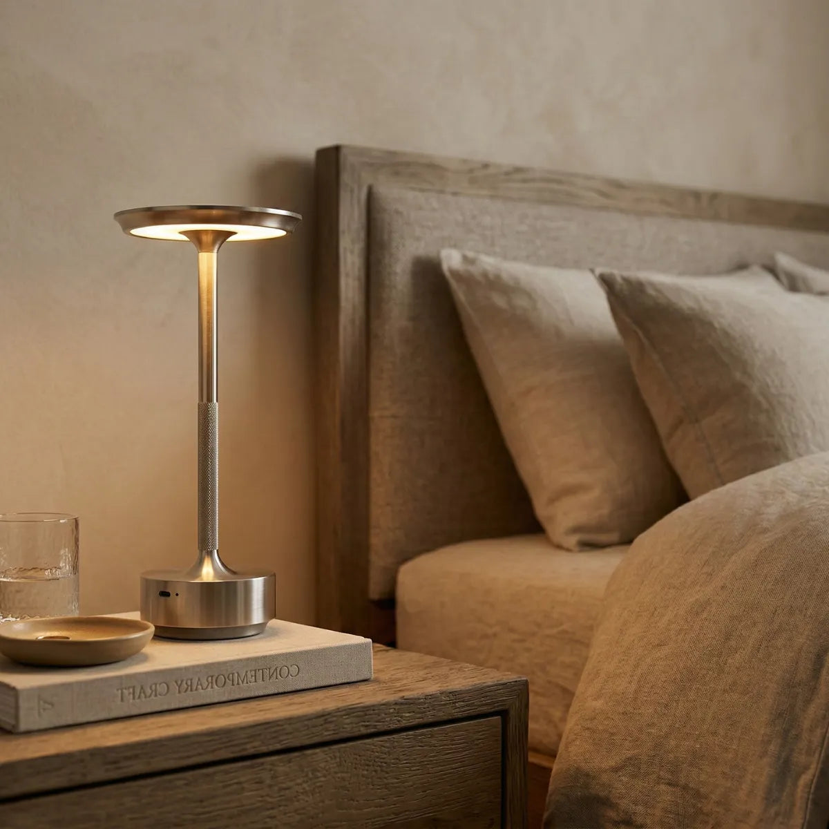 Luminária de cabeceira Áurea prata iluminando mesa de apoio com livro e copo de água ao lado de cama com roupa de cama macia em quarto relaxante.