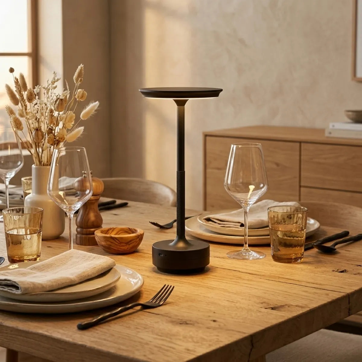 Luminária preta em uso sobre uma mesa de jantar de madeira rústica. A peça está entre pratos, taças e arranjos de flores secas, criando uma iluminação focal e aconchegante para a refeição.