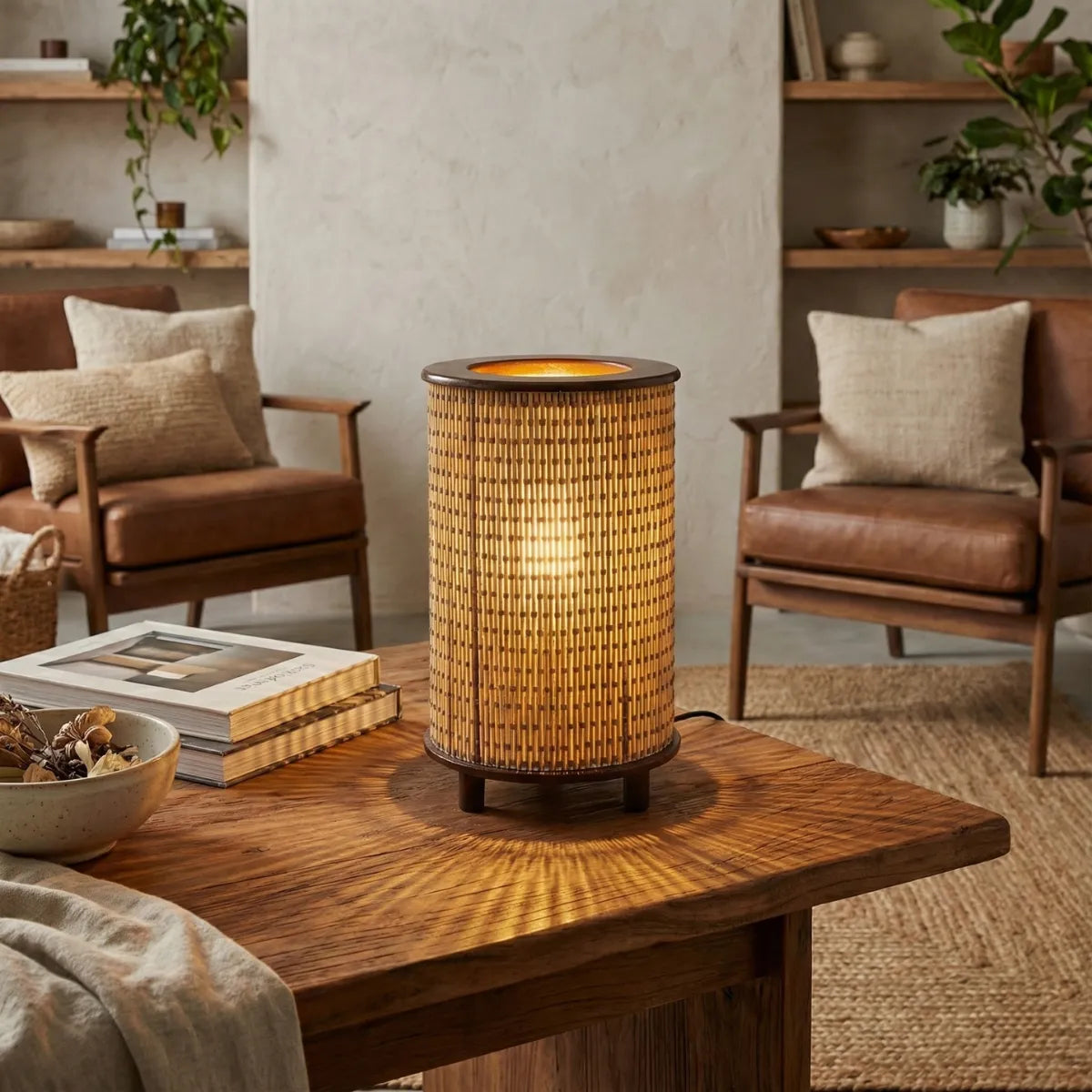 Luminária de mesa natural Senda decorando sala com poltronas de couro marrom e tons terrosos.