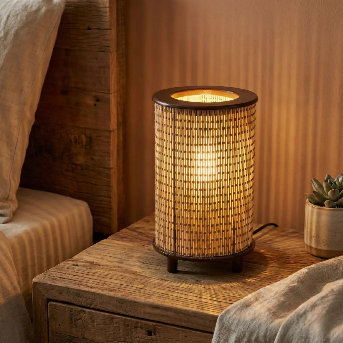 Luminária de cabeceira Senda em bambu iluminando quarto rústico sobre mesa de madeira de demolição.