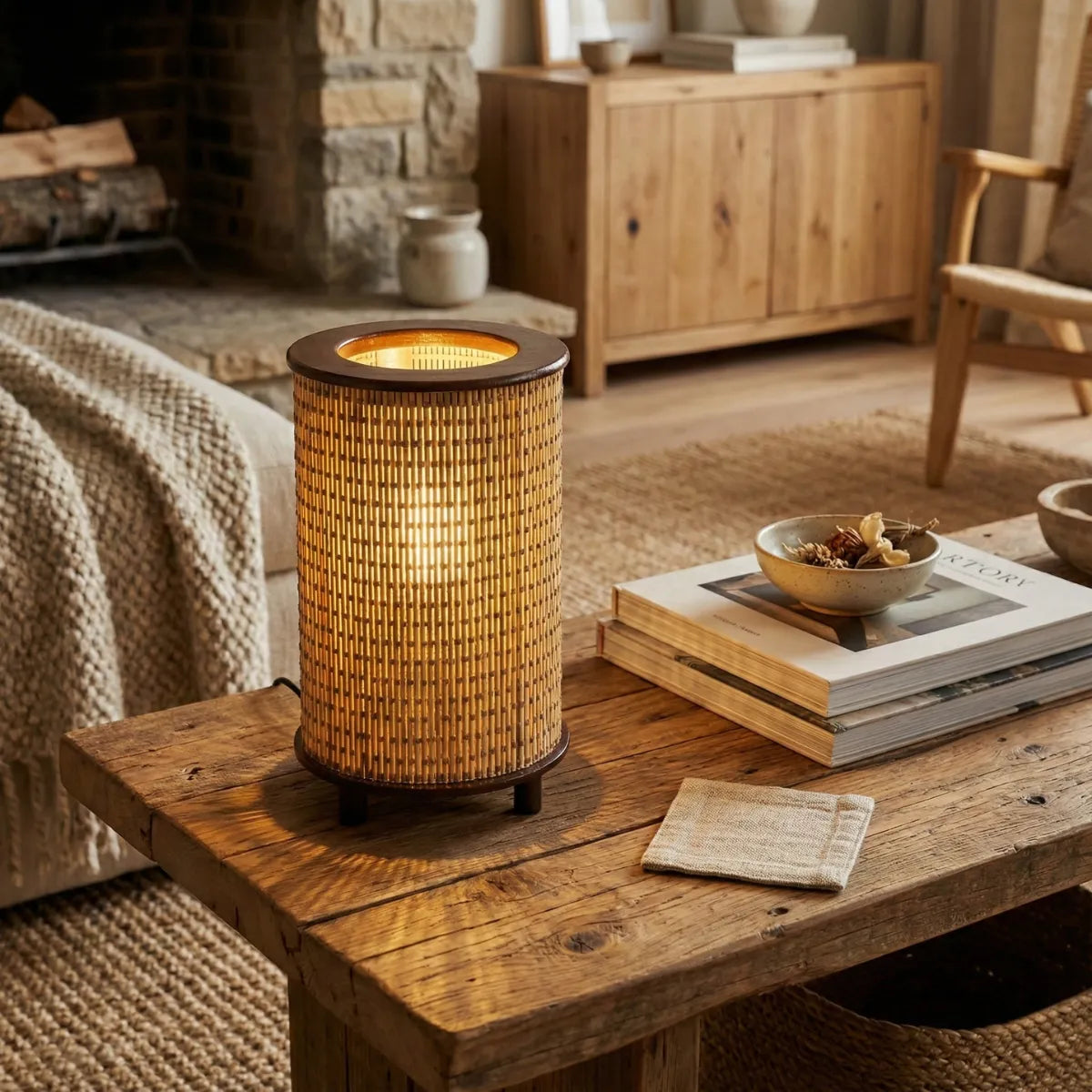 Luminária decorativa Senda sobre mesa de centro em sala de estar aconchegante com lareira de pedra ao fundo.