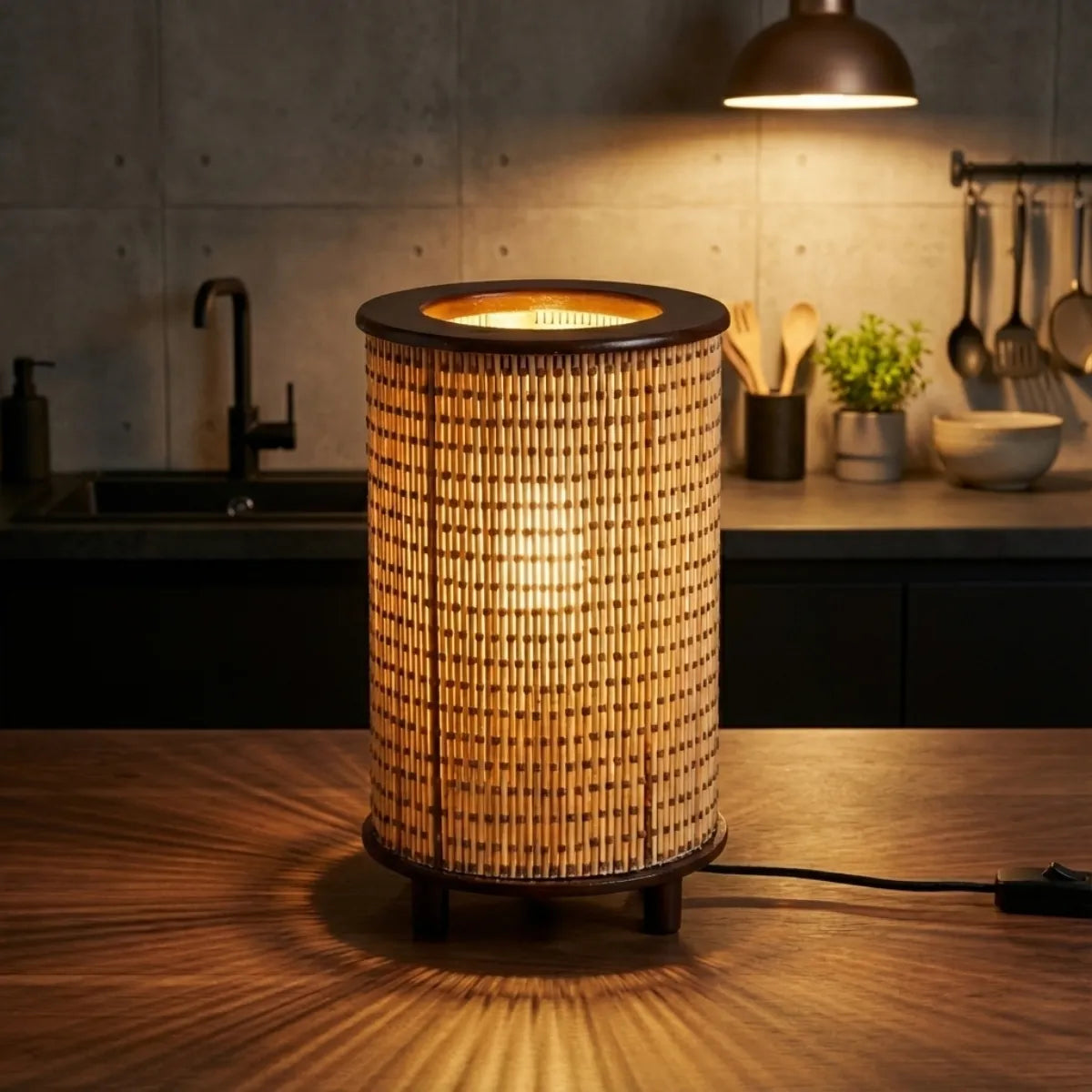 Luminária Senda em bancada de cozinha com iluminação dramática, destacando o contraste do bambu com fundo escuro.