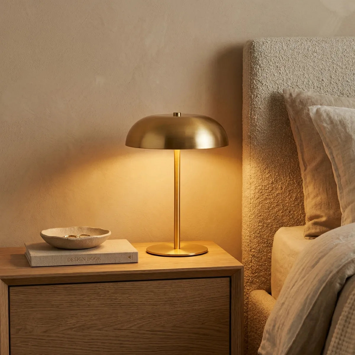 Luminária de mesa Doma dourada acesa, criando um clima aconchegante em uma mesa de cabeceira de madeira. Ao lado da luminária, há um livro e um pequeno prato decorativo. À direita, vê-se parte de uma cama com travesseiros de linho e cabeceira texturizada.