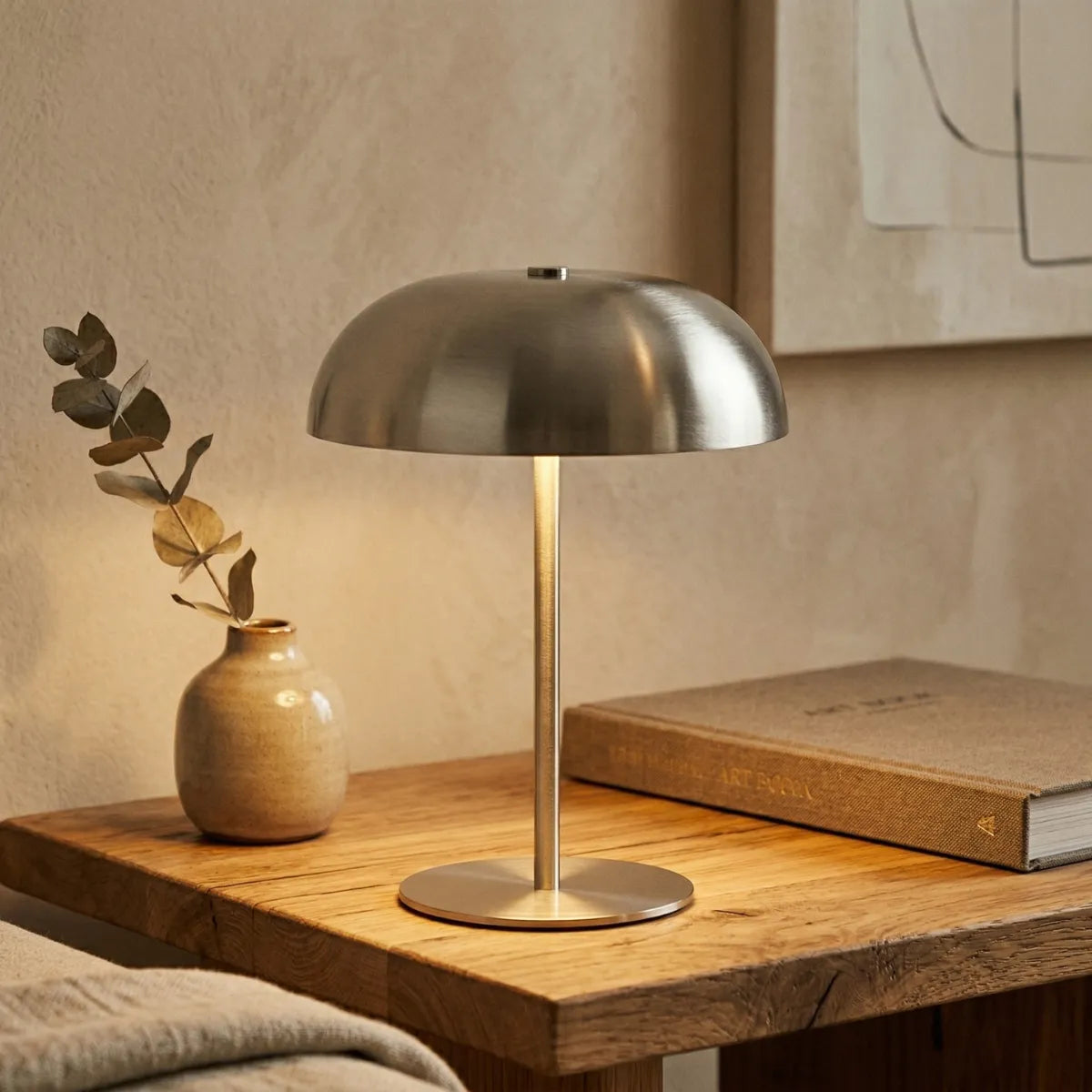 Luminária de mesa Doma prata acesa sobre uma mesa de madeira rústica. A luz quente e direcionada para baixo ilumina um pequeno vaso de cerâmica com um galho de eucalipto seco à esquerda e um livro de capa dura à direita. O fundo traz uma parede bege texturizada.