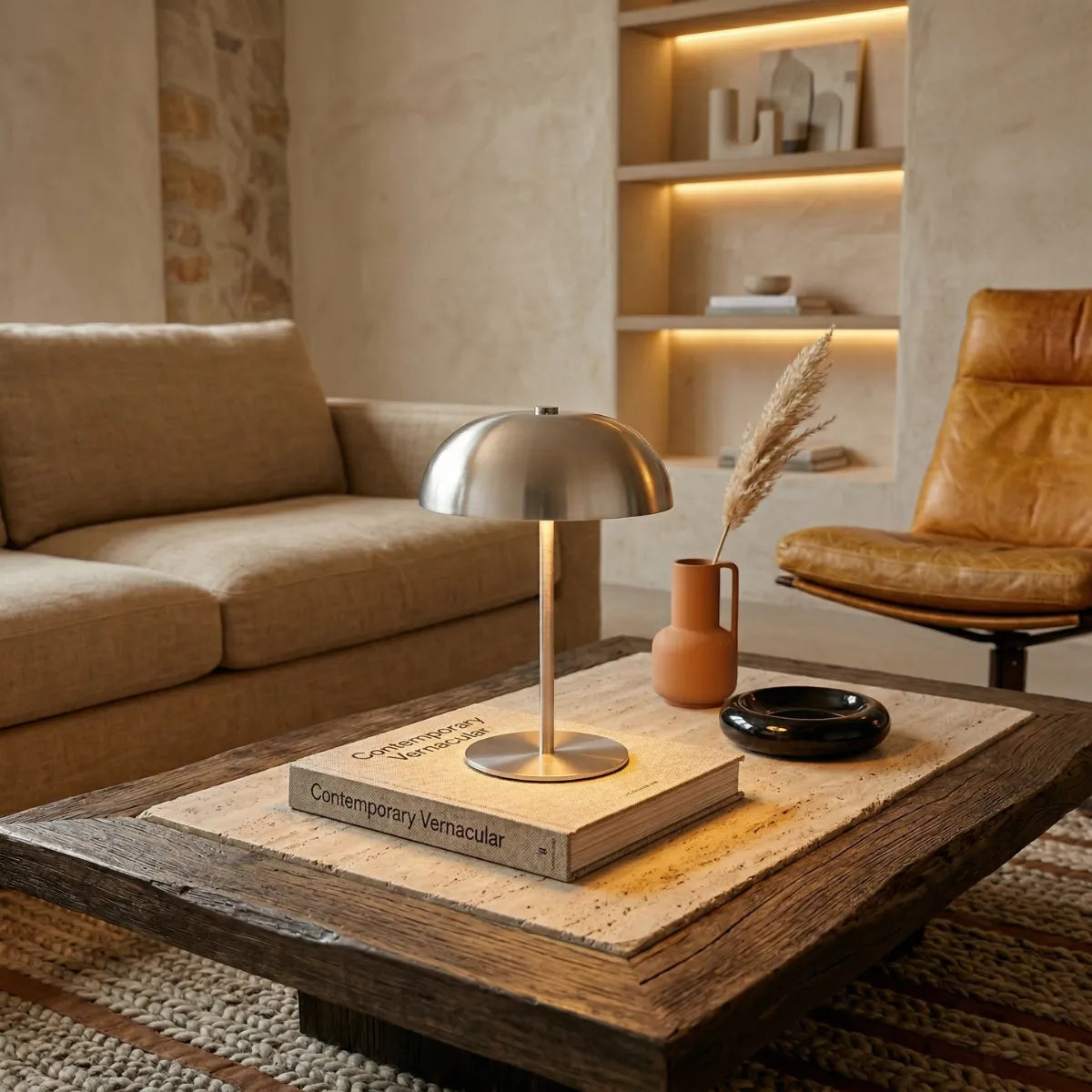 Luminária de mesa Doma prata acesa sobre uma mesa de centro de pedra porosa com bordas grossas de madeira rústica. A peça repousa sobre um grande livro de design. Ao lado, há um vaso terracota com capim dos pampas e um prato decorativo preto.