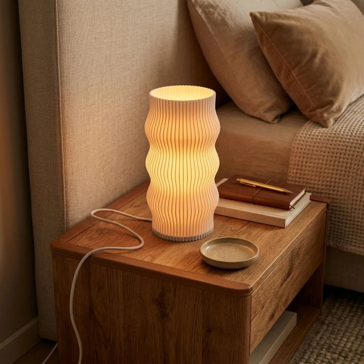 Luminária Duna sendo usada como abajur sobre uma mesa de cabeceira de madeira com detalhe em couro. A luz difusa e quente ilumina um ambiente aconchegante com cadernos e enxoval de linho claro.