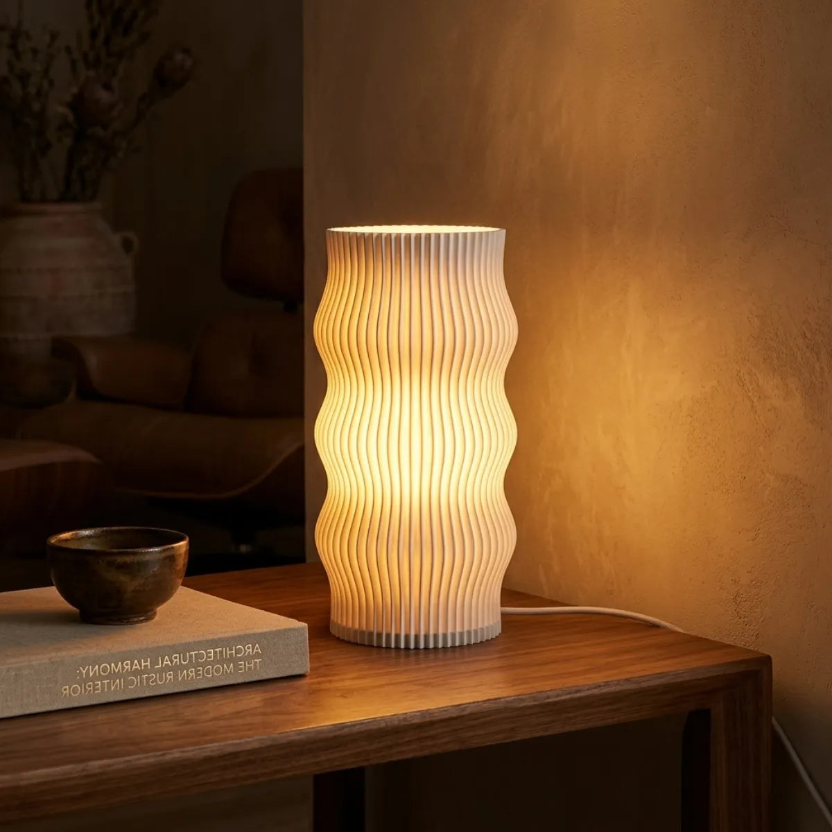 Luminária Duna acesa evidenciando seu design de ondas silhuetado. A peça repousa sobre um móvel de madeira ao lado de cerâmicas artesanais e um livro, com luz quente preenchendo a parede texturizada.