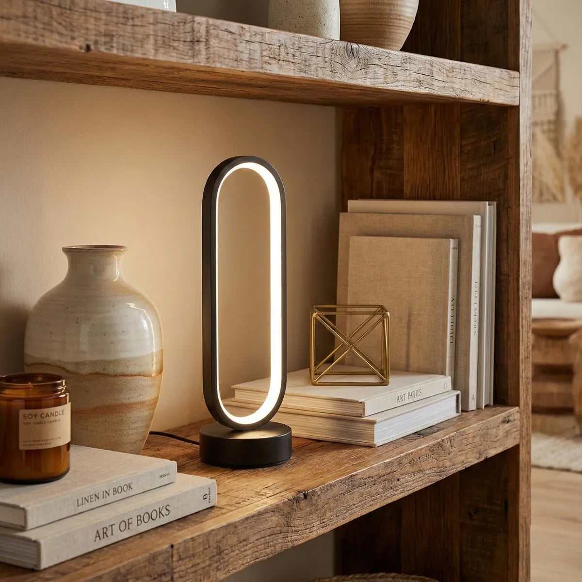 Luminária de mesa Elo preta em estante rústica, compondo com livros e peças de design geométrico.