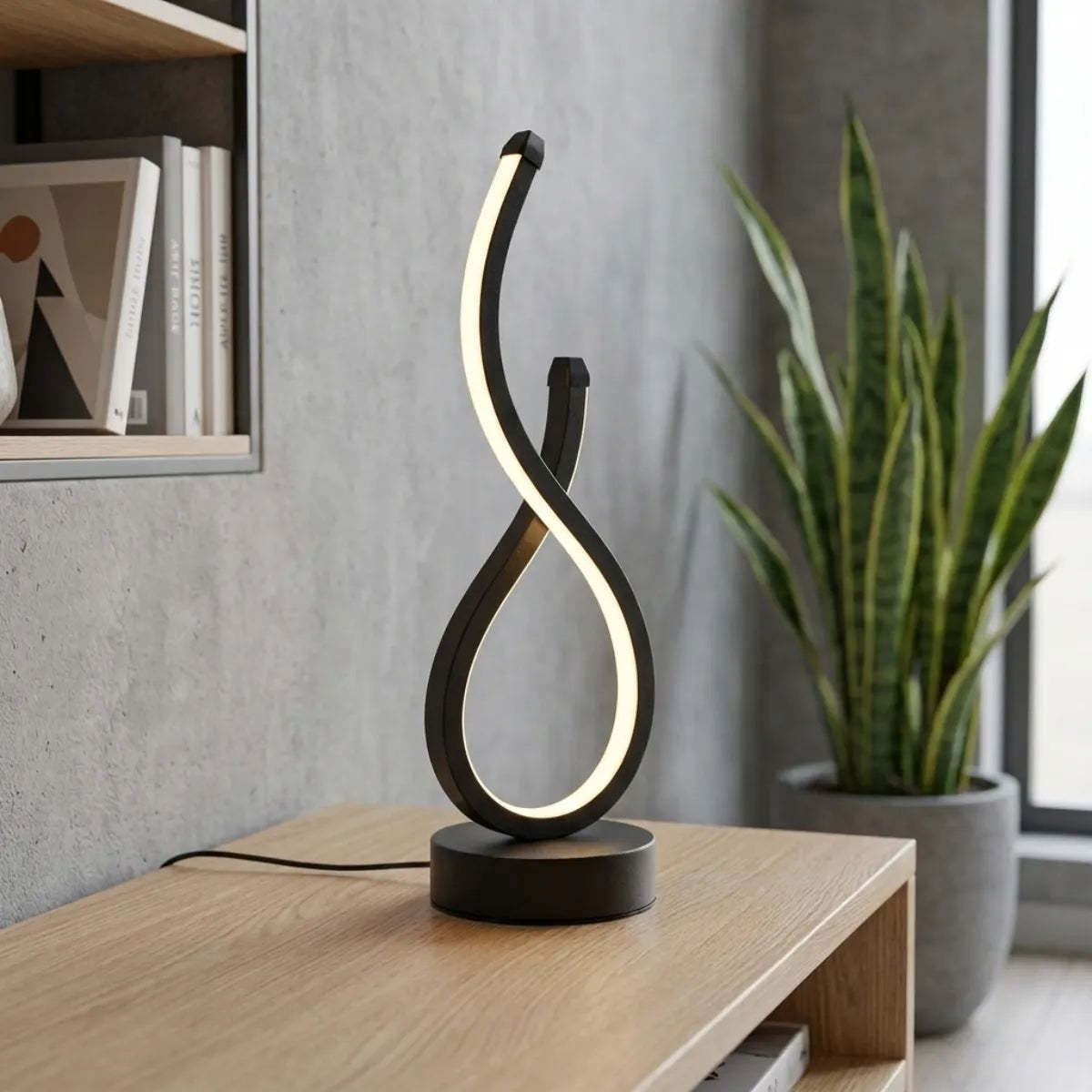 Luminária de mesa Infinity preta, acesa, em um móvel de madeira ao lado de uma planta Sansevieria e uma estante de livros.