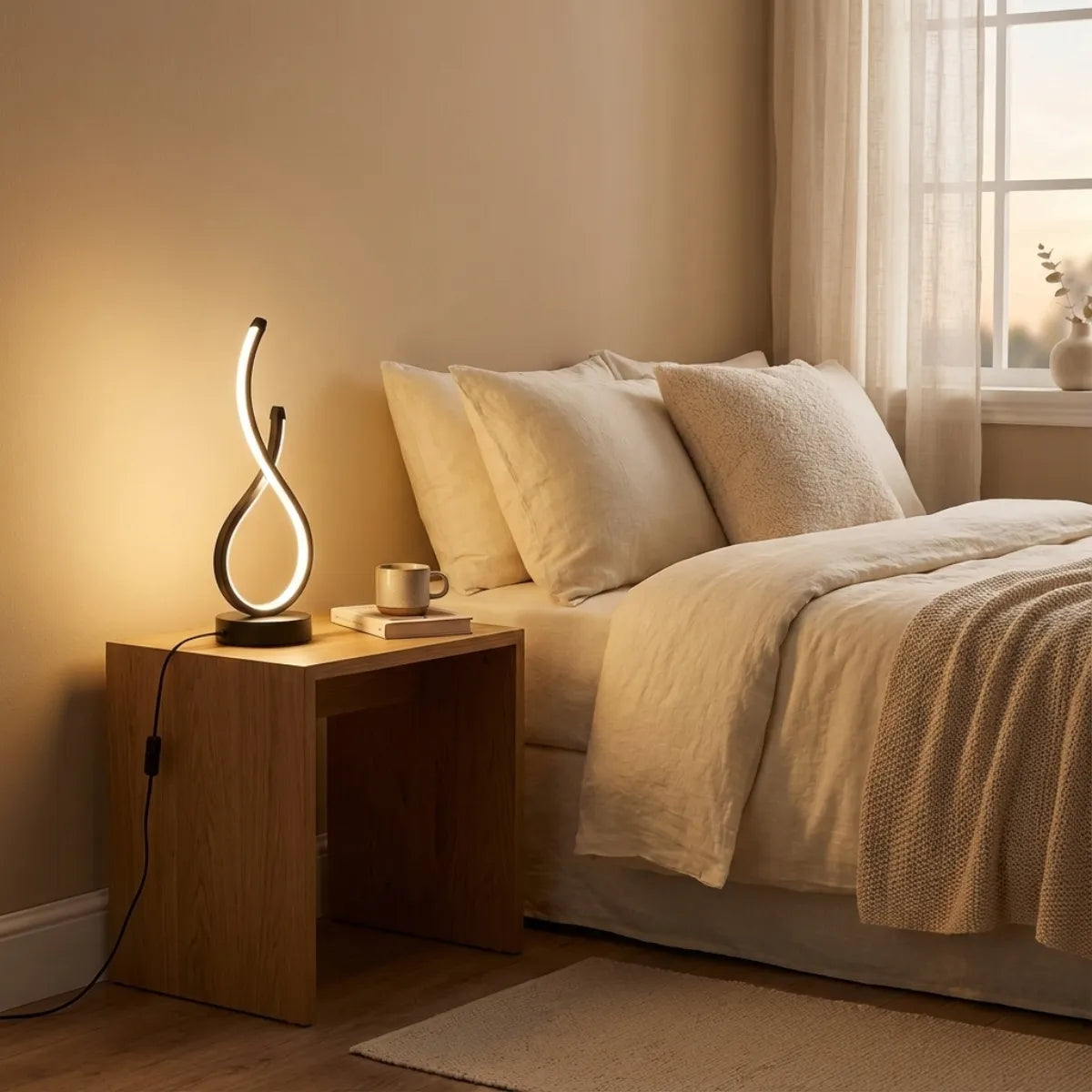 Luminária de mesa Infinity preta em uma mesa de cabeceira de madeira, em um quarto com cama e iluminação quente, próxima à janela.