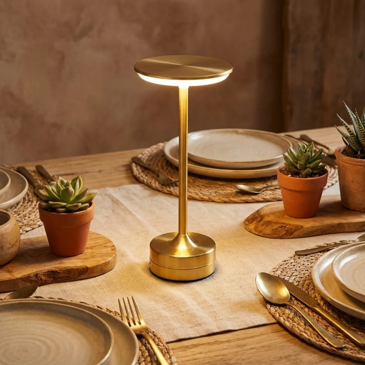 Mesa de jantar decorada com luminária portátil Majestic Dourada, composta harmoniosamente com vasos de barro terracota e plantas suculentas.