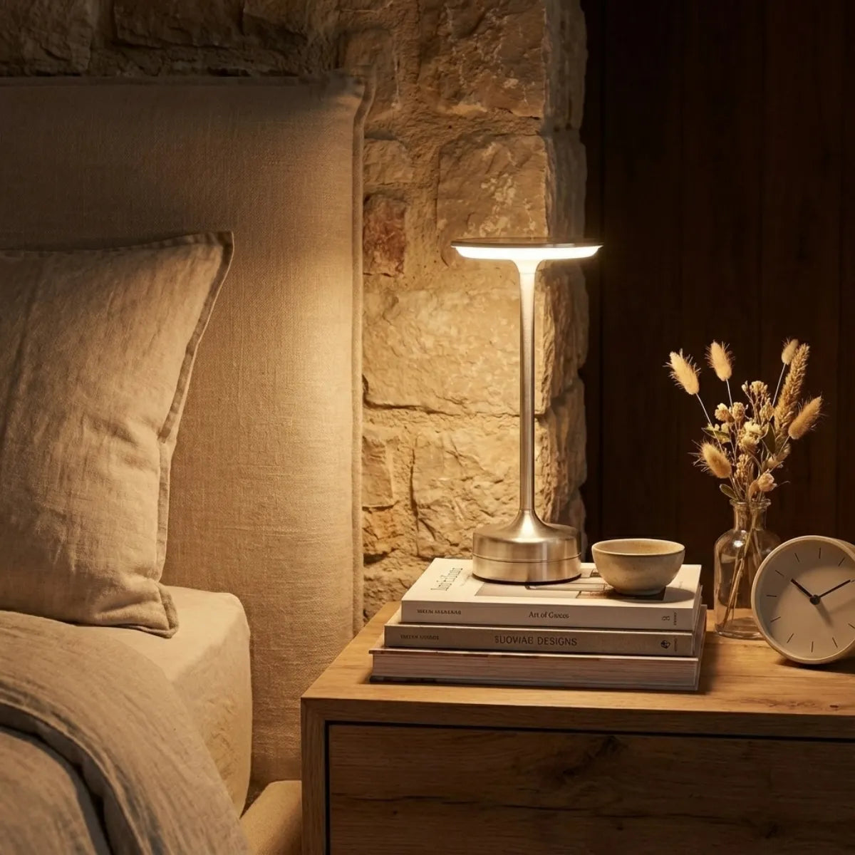 Luminária de cabeceira Majestic prata iluminando mesa de apoio com livros em quarto rústico sofisticado com parede de pedra.