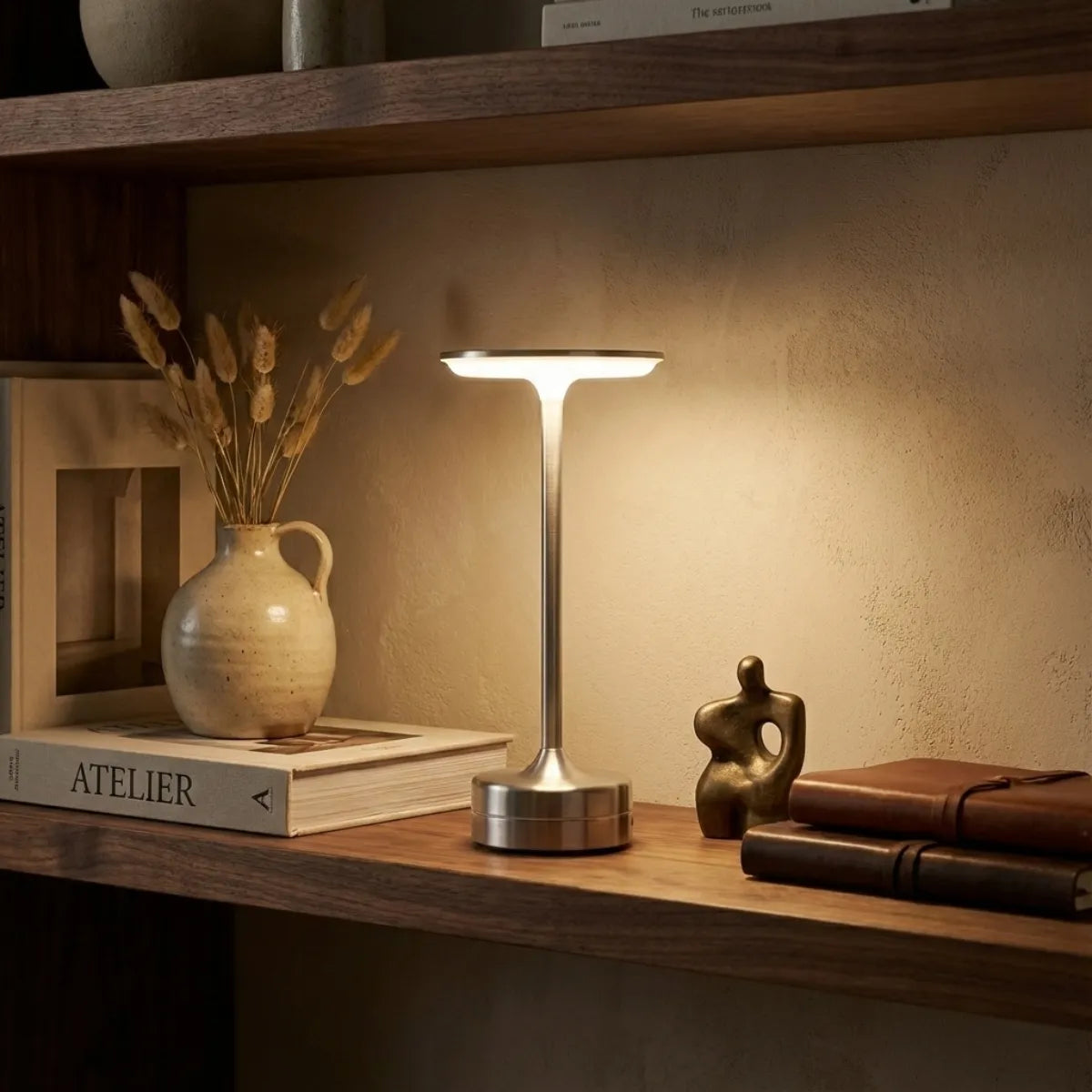 Luminária decorativa Majestic prata posicionada em estante de madeira com livros e esculturas sob iluminação indireta aconchegante.