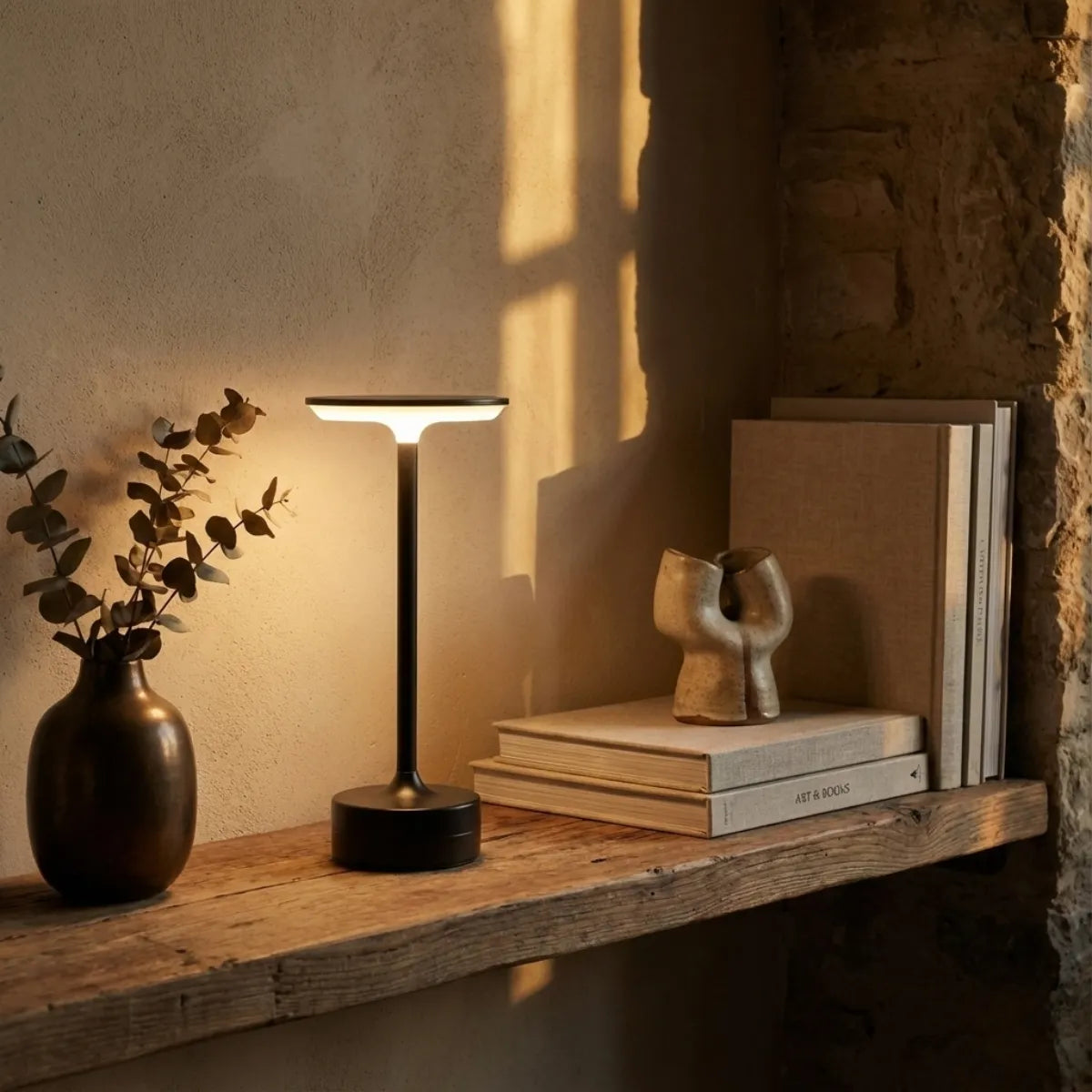 Luminária decorativa Majestic preta posicionada em prateleira rústica de madeira com vasos e decoração sob luz natural de entardecer.