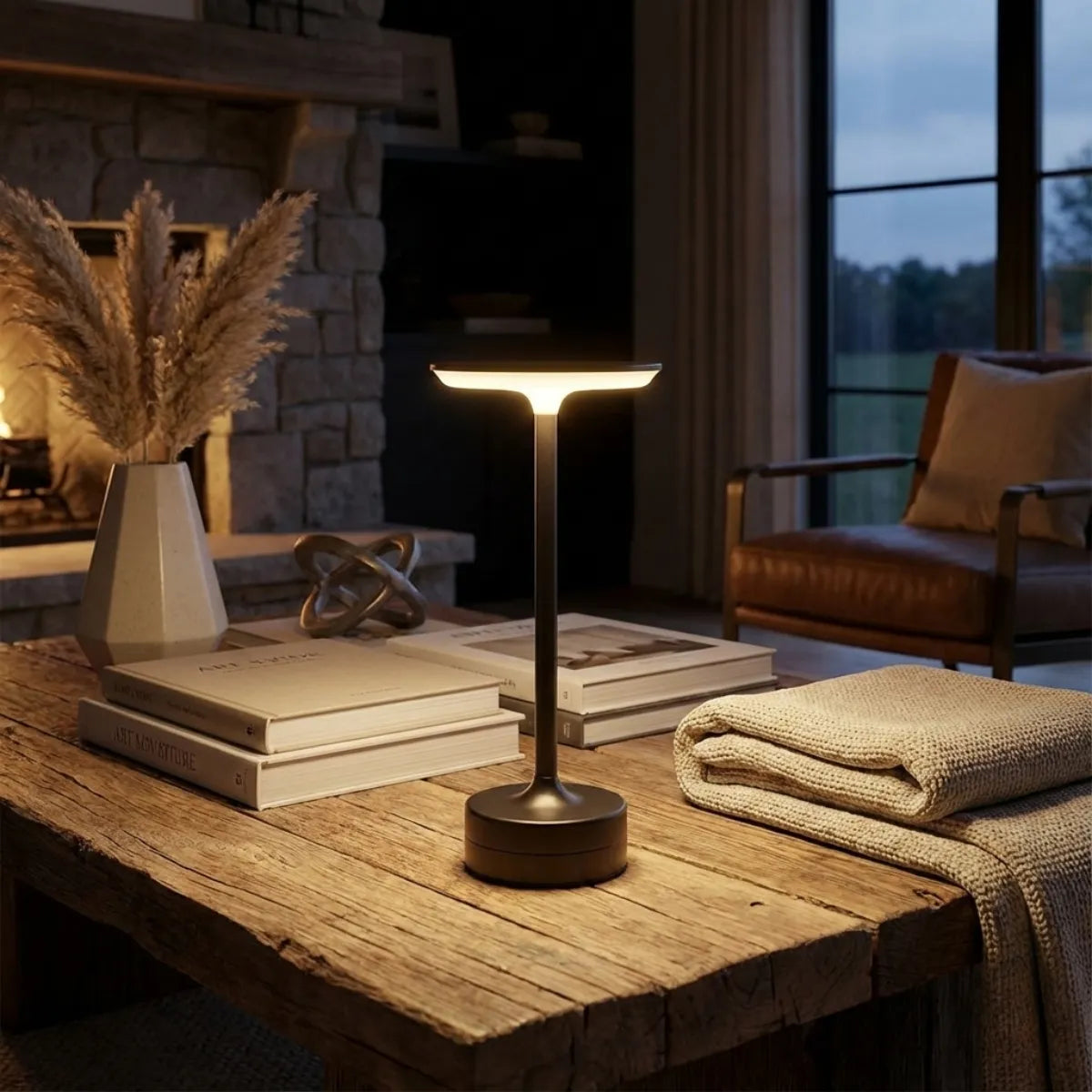 Luminária de mesa sem fio Majestic preta iluminando mesa de centro de madeira em sala de estar aconchegante com lareira ao fundo.