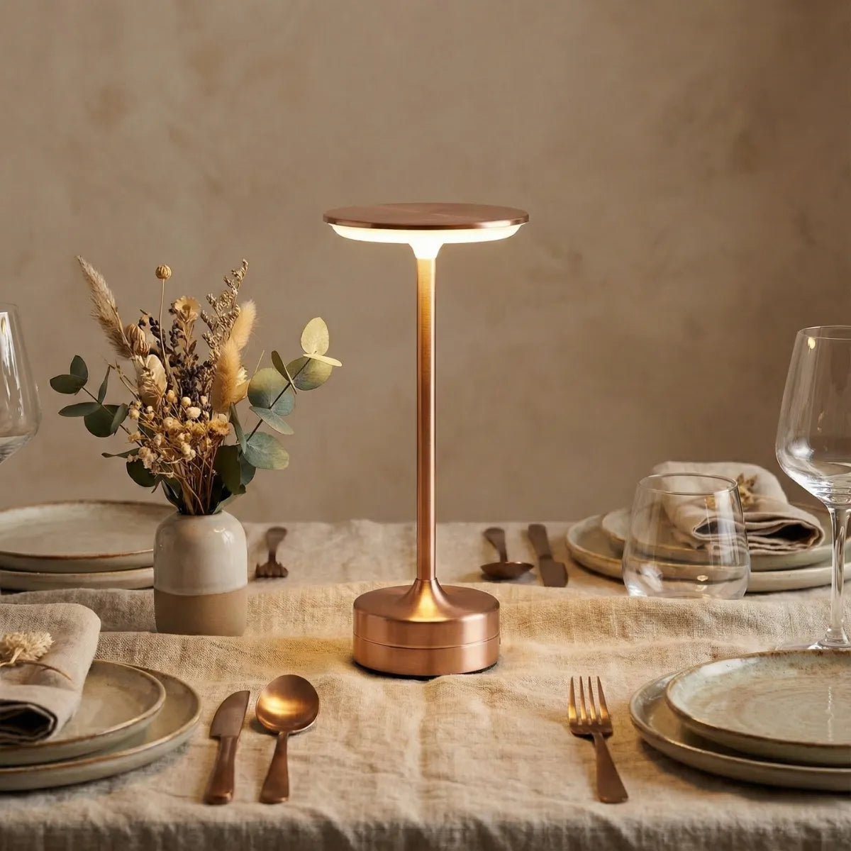Luminária de mesa posta Majestic Rose Gold compondo jantar sofisticado com toalha de linho e taças de cristal.