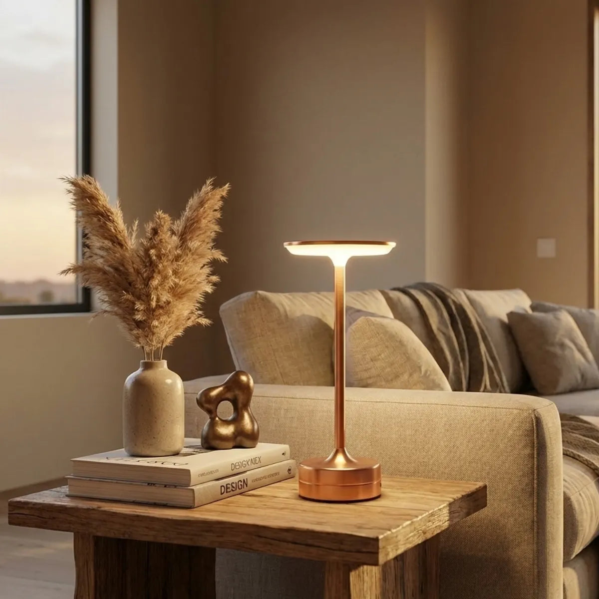 Luminária de mesa sem fio Majestic Rose Gold decorando sala de estar moderna com vaso de capim dos pampas e livros de design.