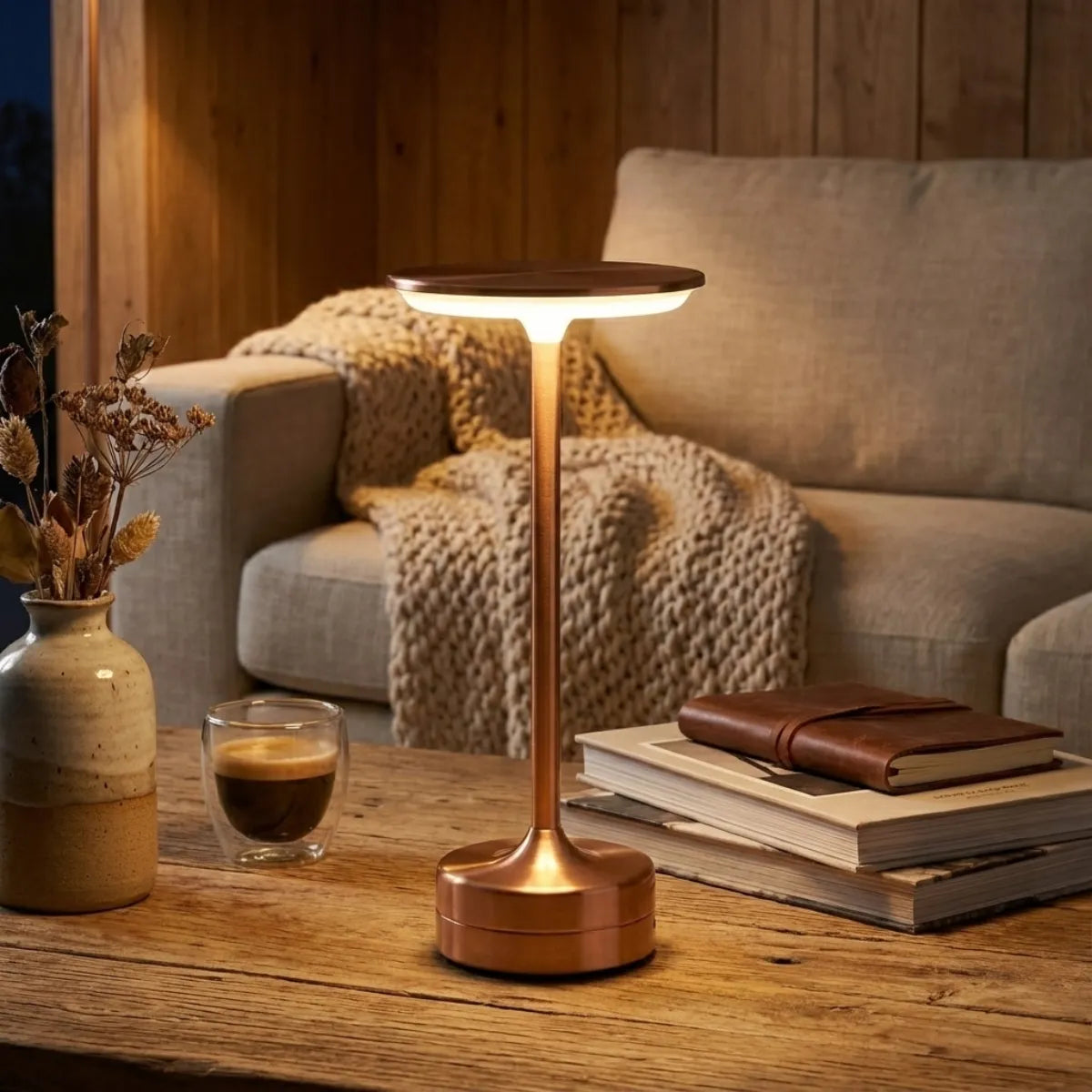 Luminária decorativa Majestic Rose Gold iluminando mesa de centro de madeira com livros e café em momento de leitura relaxante.