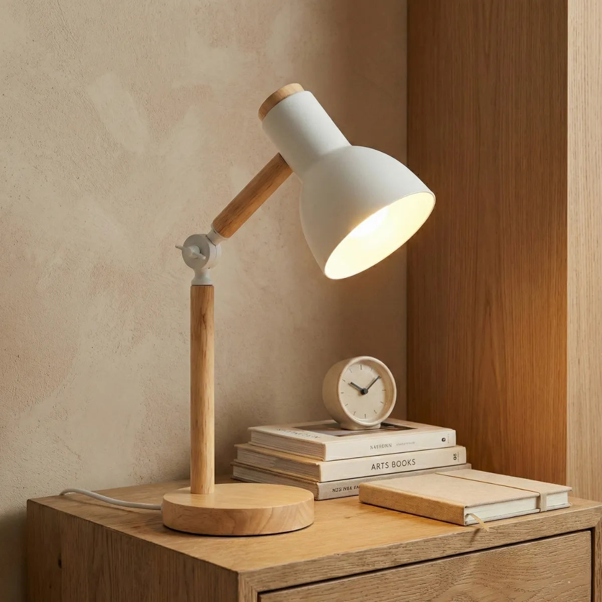 Luminária decorativa Pinus branca sobre móvel de madeira com livros e relógio minimalista em ambiente neutro.