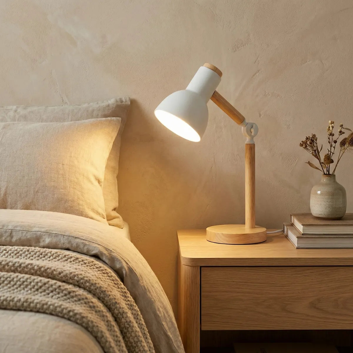 Luminária de cabeceira Pinus branca em mesa de apoio ao lado de cama com roupa de cama de linho bege em quarto relaxante.