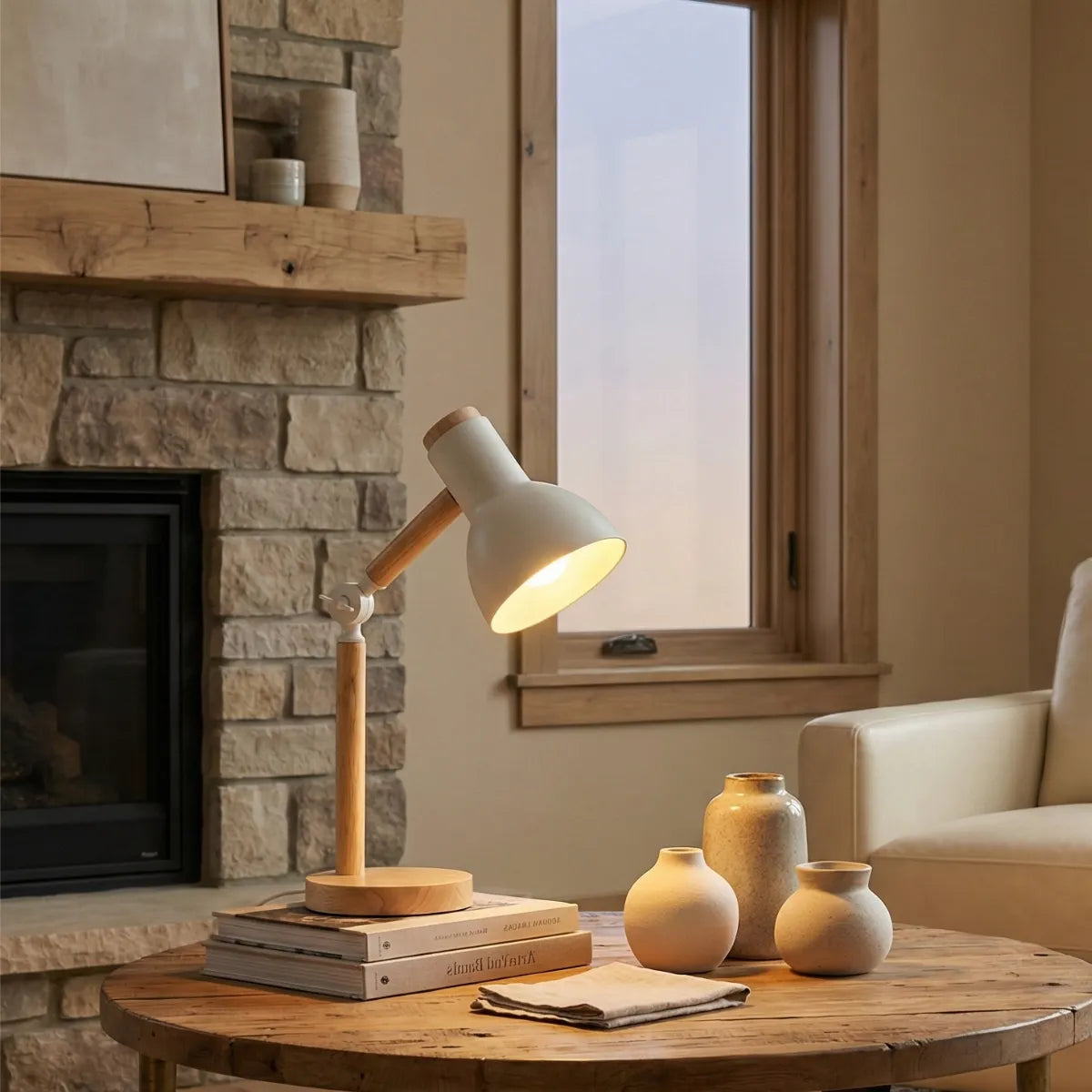 Luminária de mesa Pinus branca decorando mesa de centro redonda de madeira em sala de estar ampla com lareira de pedra.