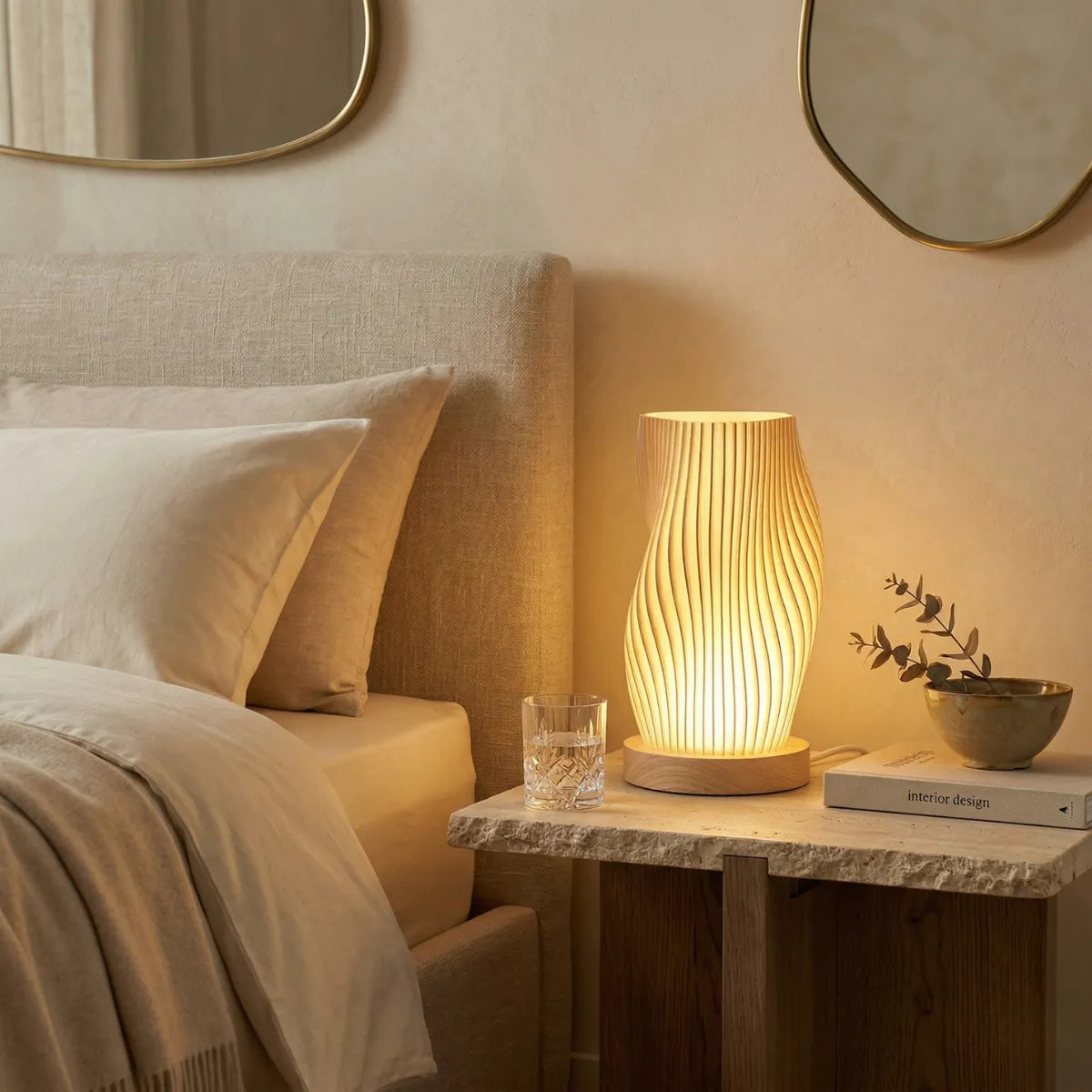 Uma luminária de mesa Velae acesa está em uma mesa de cabeceira de travertino ao lado de uma cama de linho texturizado com travesseiros beges. A cena inclui um copo de água, um livro "Interior Design" e dois espelhos dourados assimétricos.