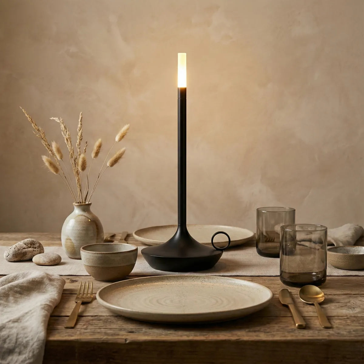 Mesa de jantar posta rústica decorada com luminária de mesa Venia preta, simulando luz de vela para ambiente romântico.