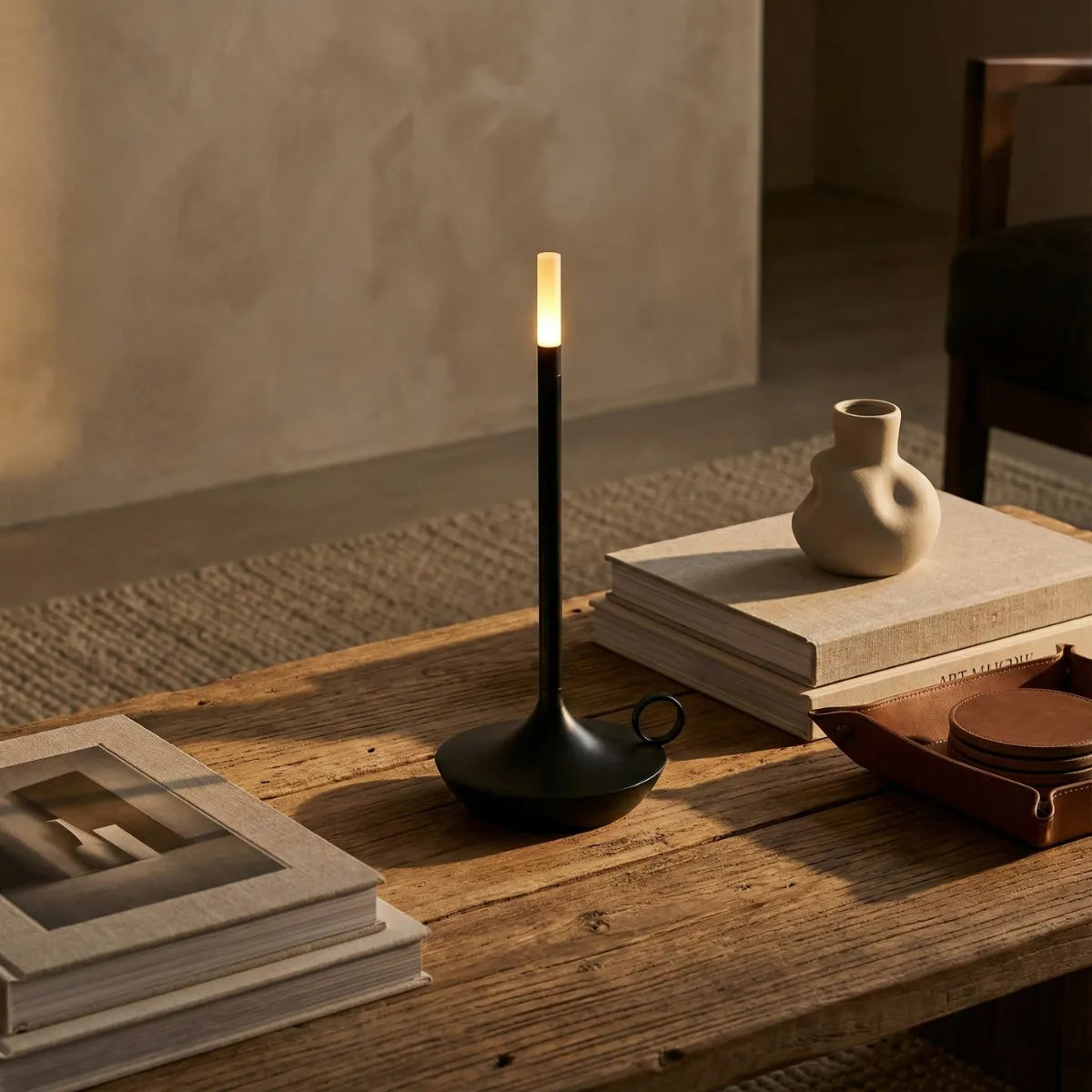 Luminária decorativa fina e alta estilo vela eletrônica sobre mesa de centro de madeira, ao lado de livros de arte.
