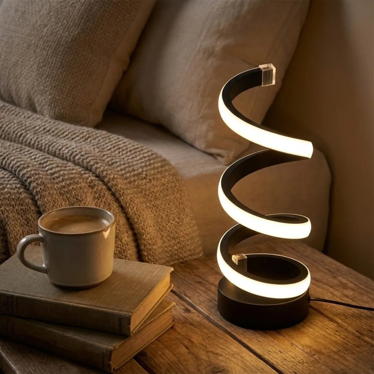 Luminária de mesa decorativa em formato de espiral acesa sobre mesa lateral, ao lado de livros e xícara de café, criando ambiente de leitura.
