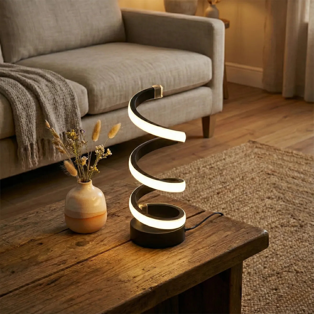 Luminária de mesa LED espiral preta moderna sobre mesa de madeira em sala de estar decorada com sofá cinza e tapete.