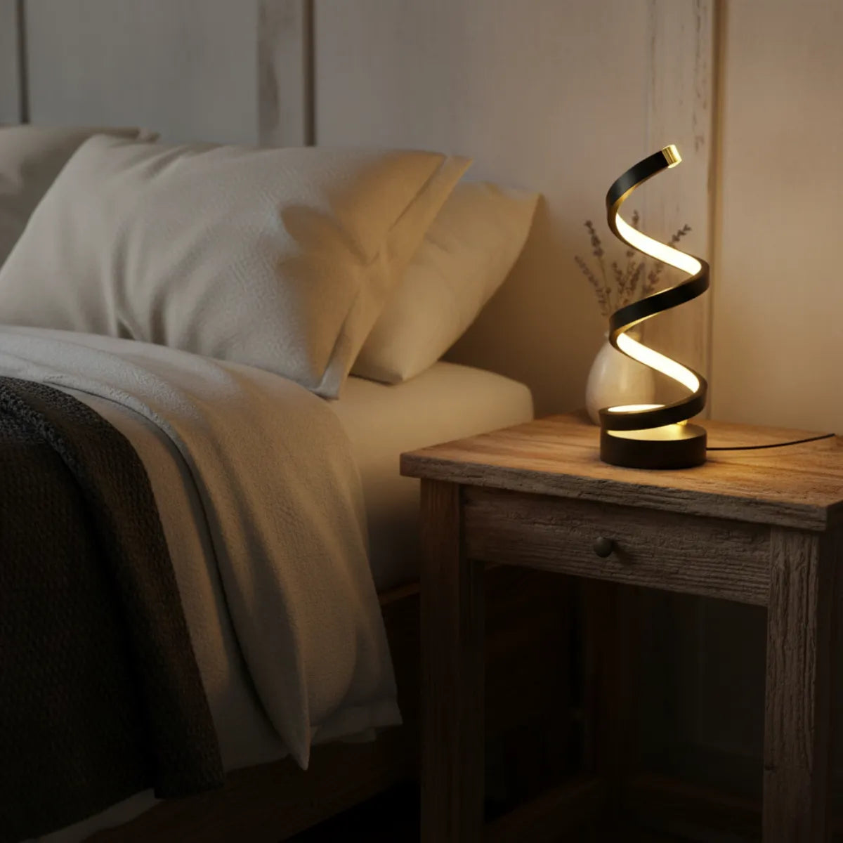 Luminária de cabeceira Zenite iluminando quarto de casal decorado com tons neutros e roupa de cama bege, sobre mesa de madeira rústica.