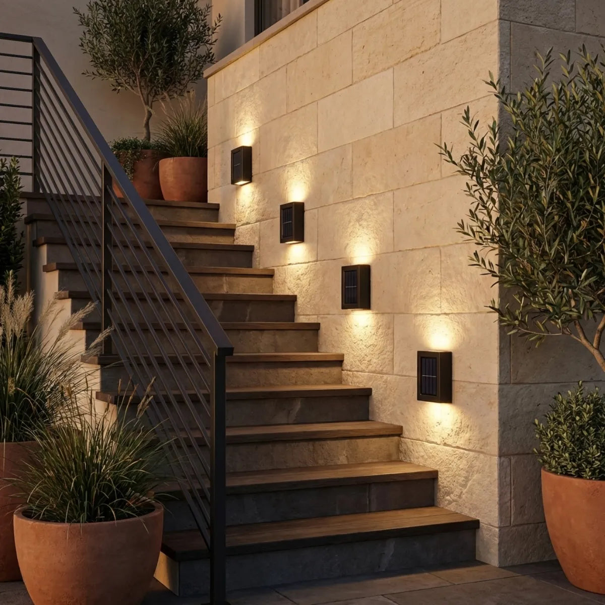 Iluminação de escada externa com arandelas solares fixadas em muro de pedra, garantindo segurança e elegância ao paisagismo.