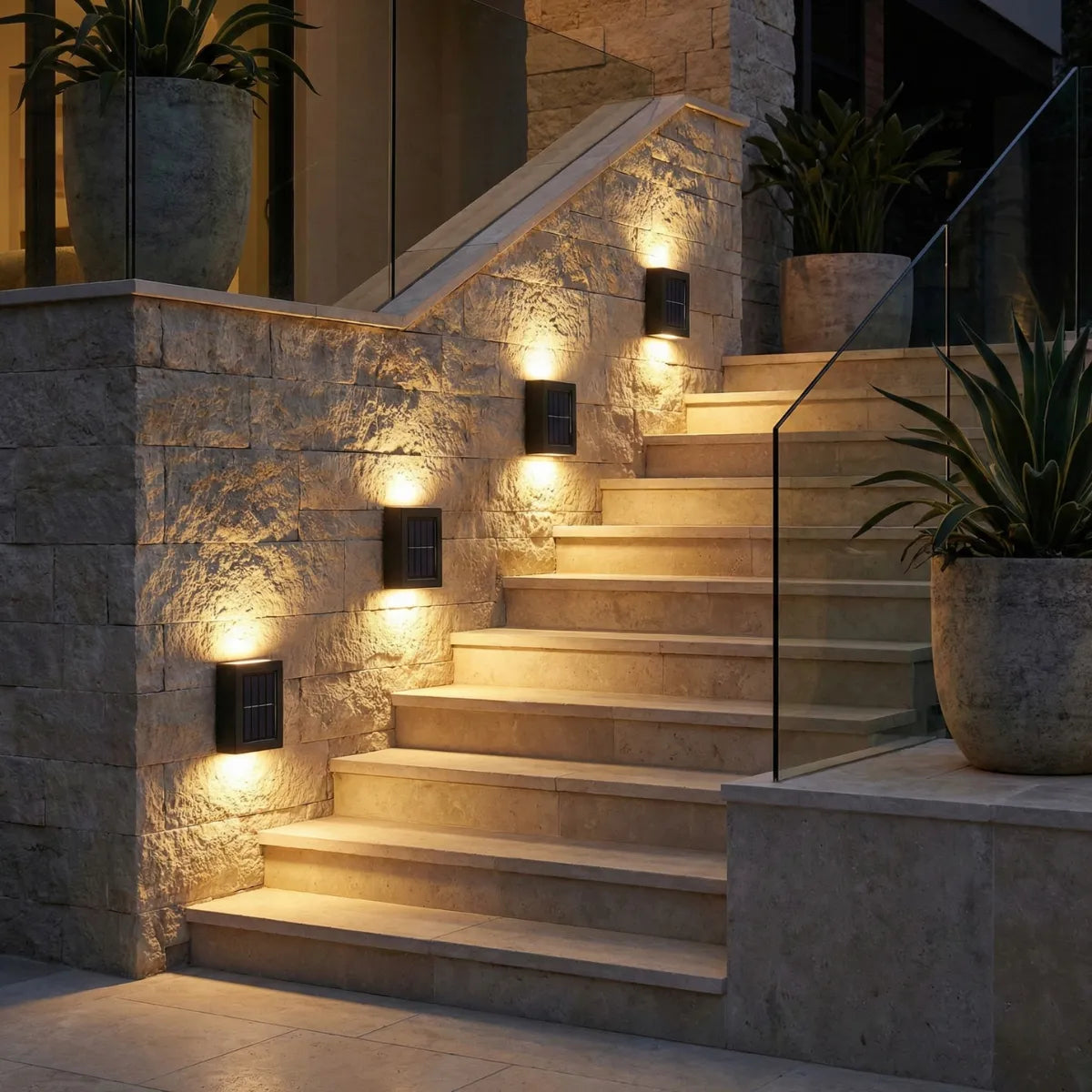 Fachada de casa contemporânea com escada de pedra iluminada por arandelas solares, destacando o design e a textura dos degraus à noite.