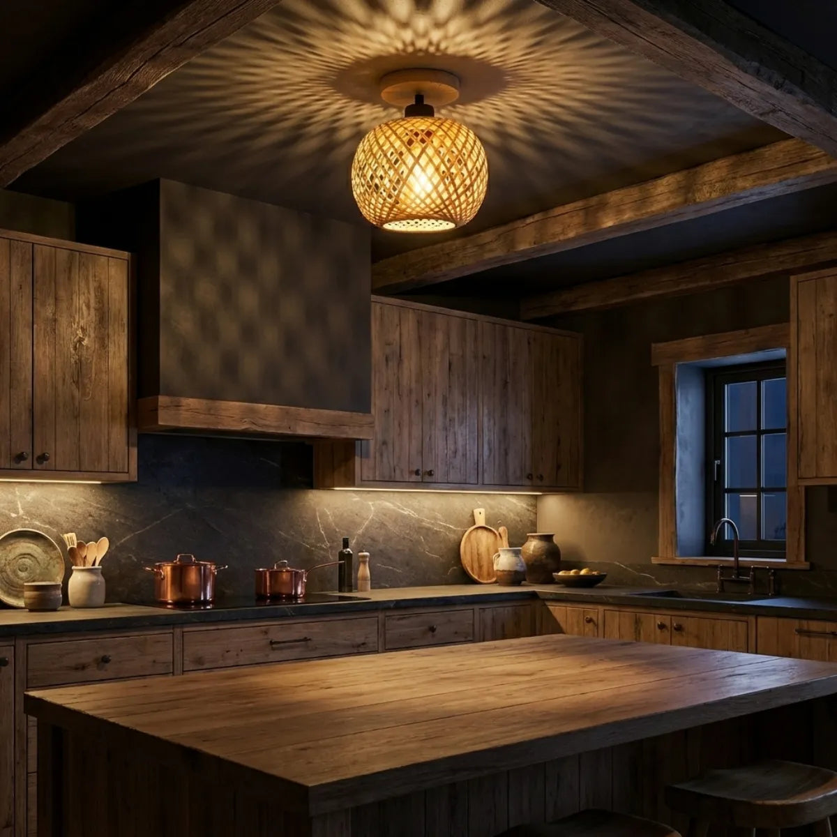 Luminária de teto Bambu Fibrato sobre ilha de madeira maciça em cozinha rústica moderna com armários escuros e iluminação cênica.
