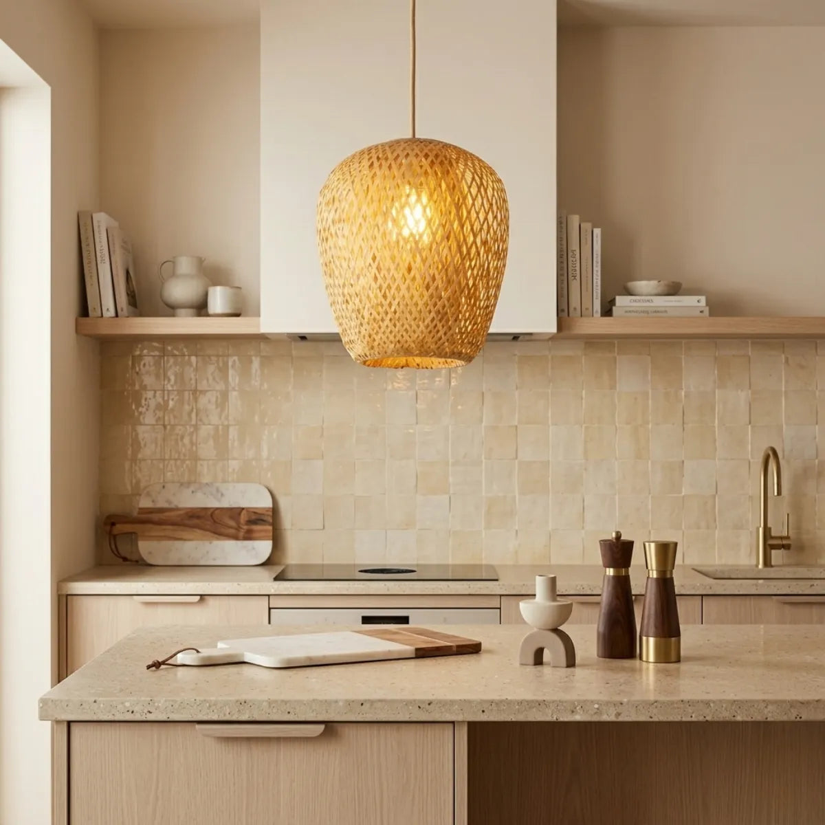 Luminária Pendente Bambu Ânfora trazendo um toque natural para uma cozinha clean e moderna. A luz quente ilumina uma ilha de pedra clara, contrastando com azulejos texturizados e armários de madeira minimalistas ao fundo.