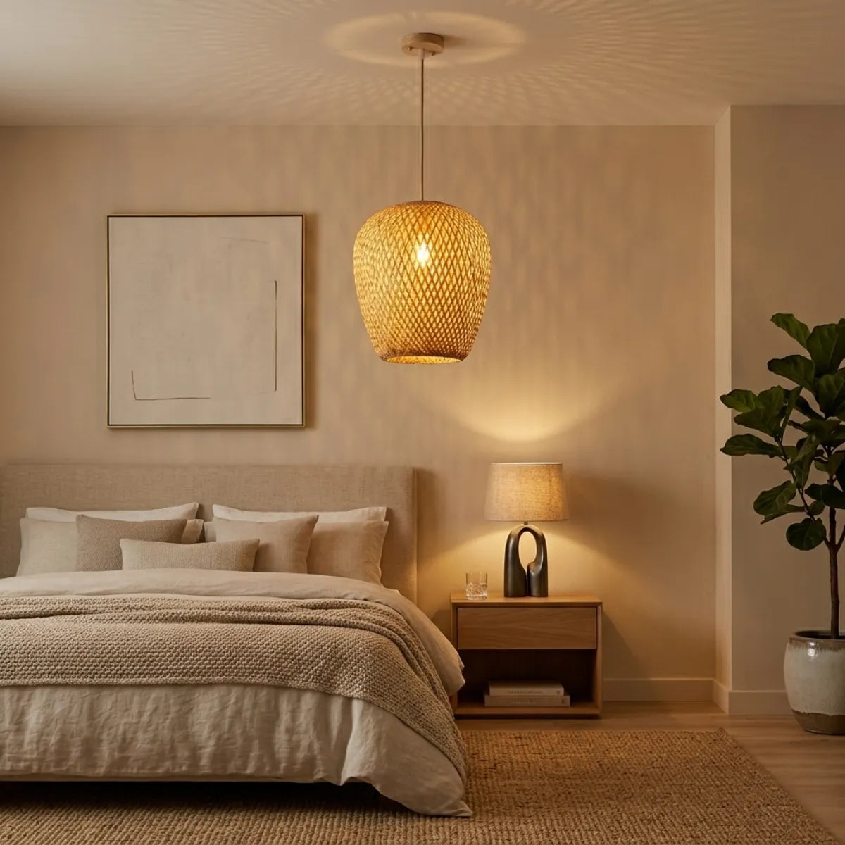 Luminária pendente de bambu projetando uma leve sombra texturizada no teto de um quarto aconchegante. A luz suave ilumina um ambiente em tons neutros, com cama vestida em linho e uma planta alta ao canto.