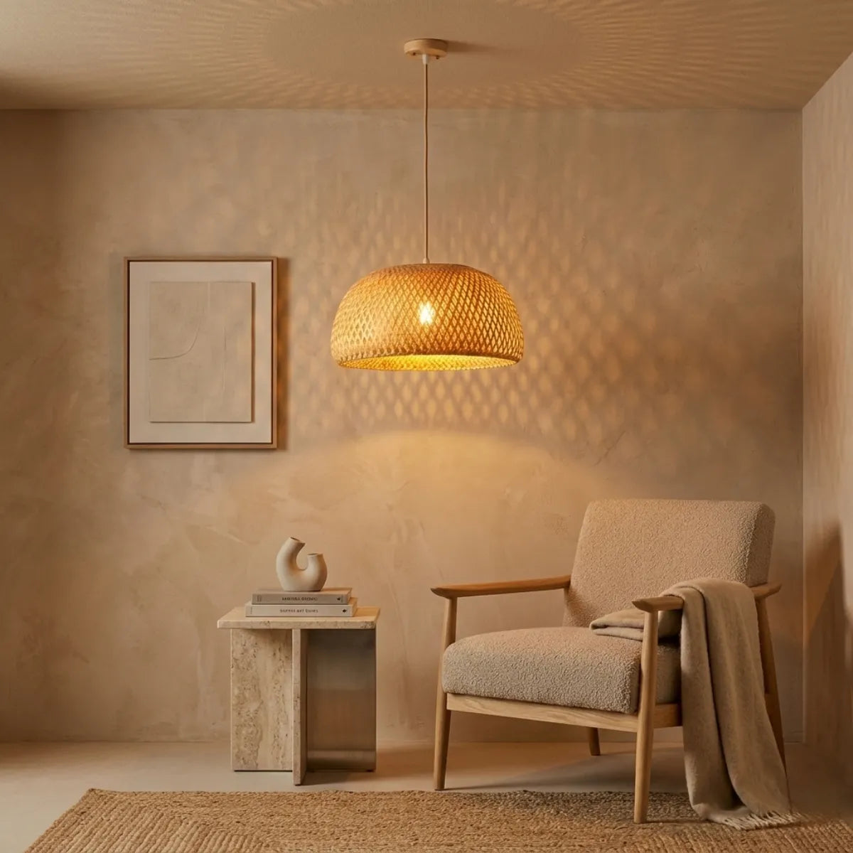 Luminária Pendente Bambu Trama iluminando um canto de leitura aconchegante, projetando sombras geométricas sutis na parede acima de uma poltrona bege e uma mesinha lateral de pedra.