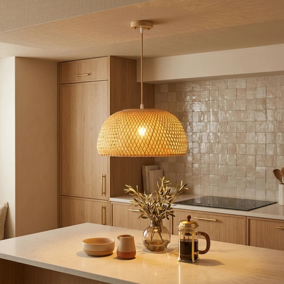 Luminária Pendente Bambu Trama instalada sobre uma bancada clara de cozinha moderna com armários de madeira, iluminando uma cafeteira francesa e um arranjo de folhas.