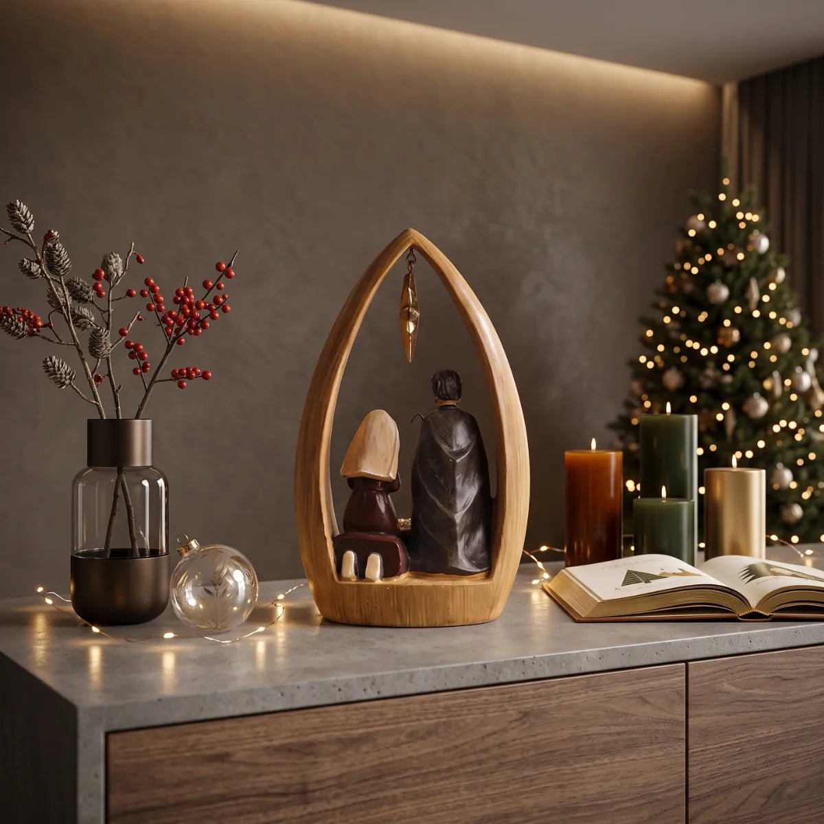 Presépio artesanal visto de trás, detalhe das costas das peças em sala decorada para o natal