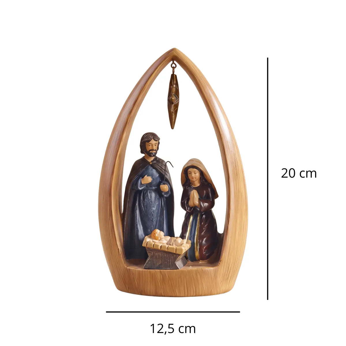 Presépio em arco sagrada família com medidas de 20 cm de altura e 12,5 cm de largura