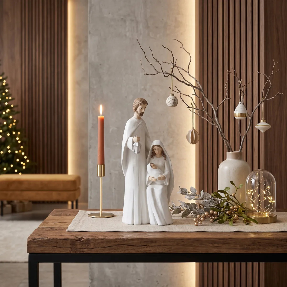 Presépio pequeno sagrada família artesanal branco sobre aparador, ambiente decorado com árvore e velas