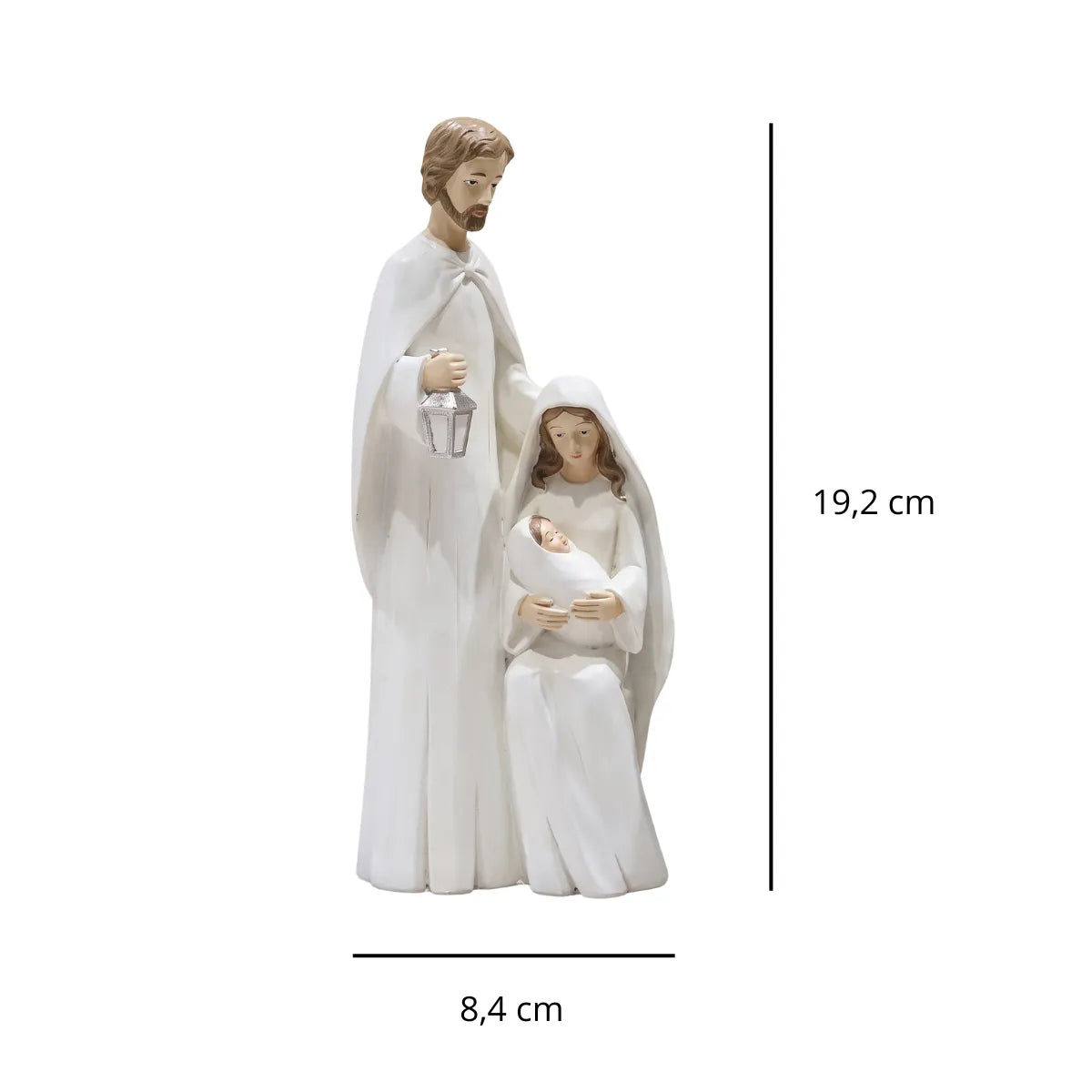 Presépio artesanal branco com medidas de 19,2 cm de altura e 8,4 cm de largura