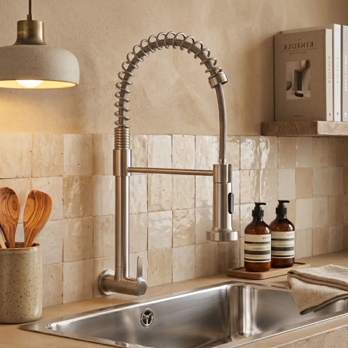 Torneira para cozinha de parede flexível inox em cozinha rústica com revestimento zellige bege, cuba de inox, utensílios de madeira e pendente de concreto.